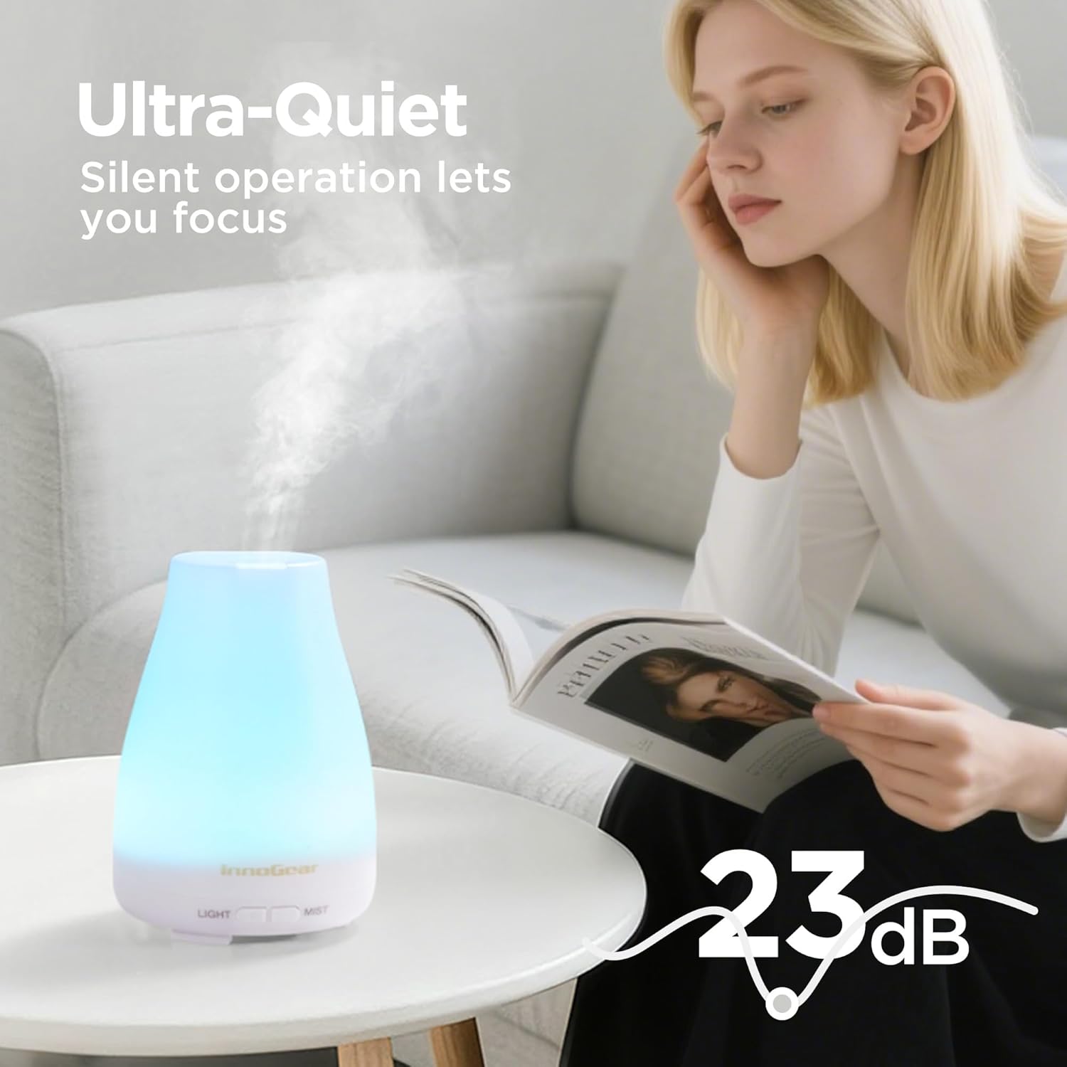 InnoGear Essential Oil Diffuser, Ultrasonic Diffusers for Home Aromatherapy Humidifier for Bedroom Room 7 Colors LED 2 Mist Mode Auto Off, Basic White - Image 4