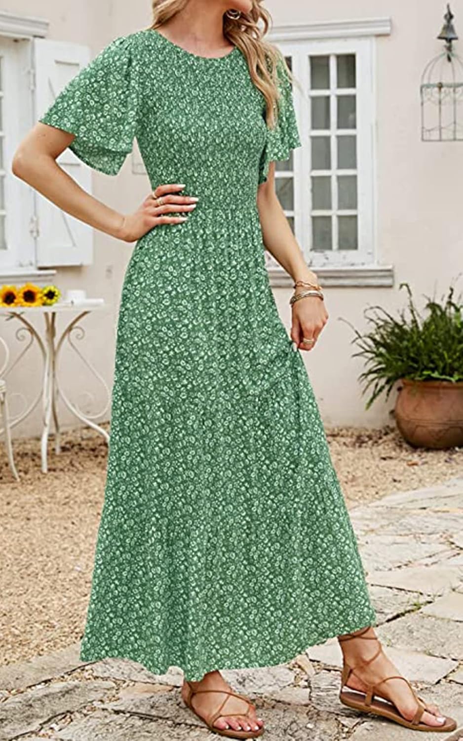PRETTYGARDEN Women's 2026 Summer Casual Flutter Short Sleeve Boho Floral Maxi Dress Crew Neck Smocked Tiered Long Dresses - Image 8
