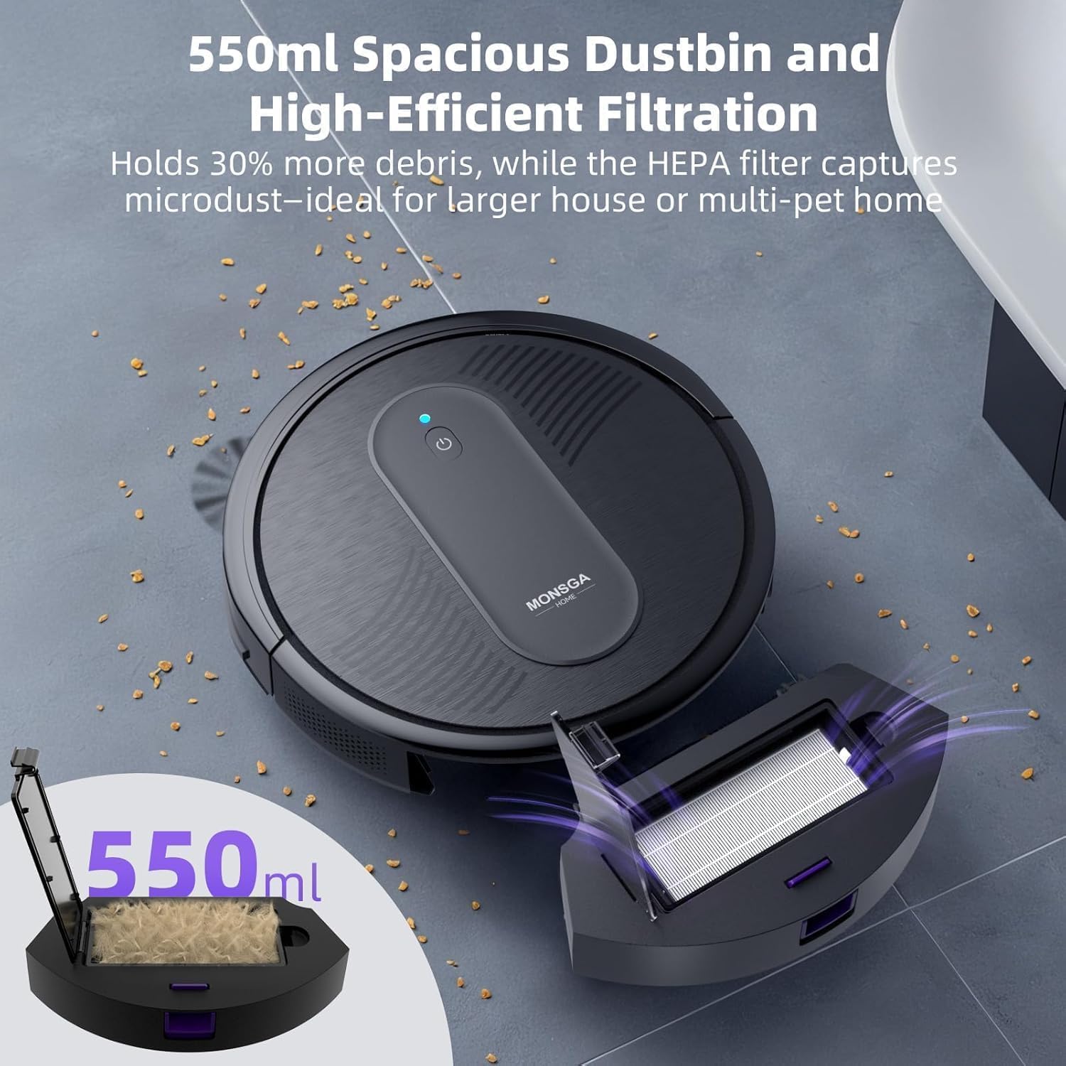 MONSGA Robot Vacuum Cleaner, 4000Pa Powerful Suction Robotic Vacuum, 3.2" Super-Slim, 140Min Runtime, Vacuum Robot for Hard Floor/Low Pile Carpet/Pet Hair, Remote/App/Voice Control, Schedule Clean - Image 6
