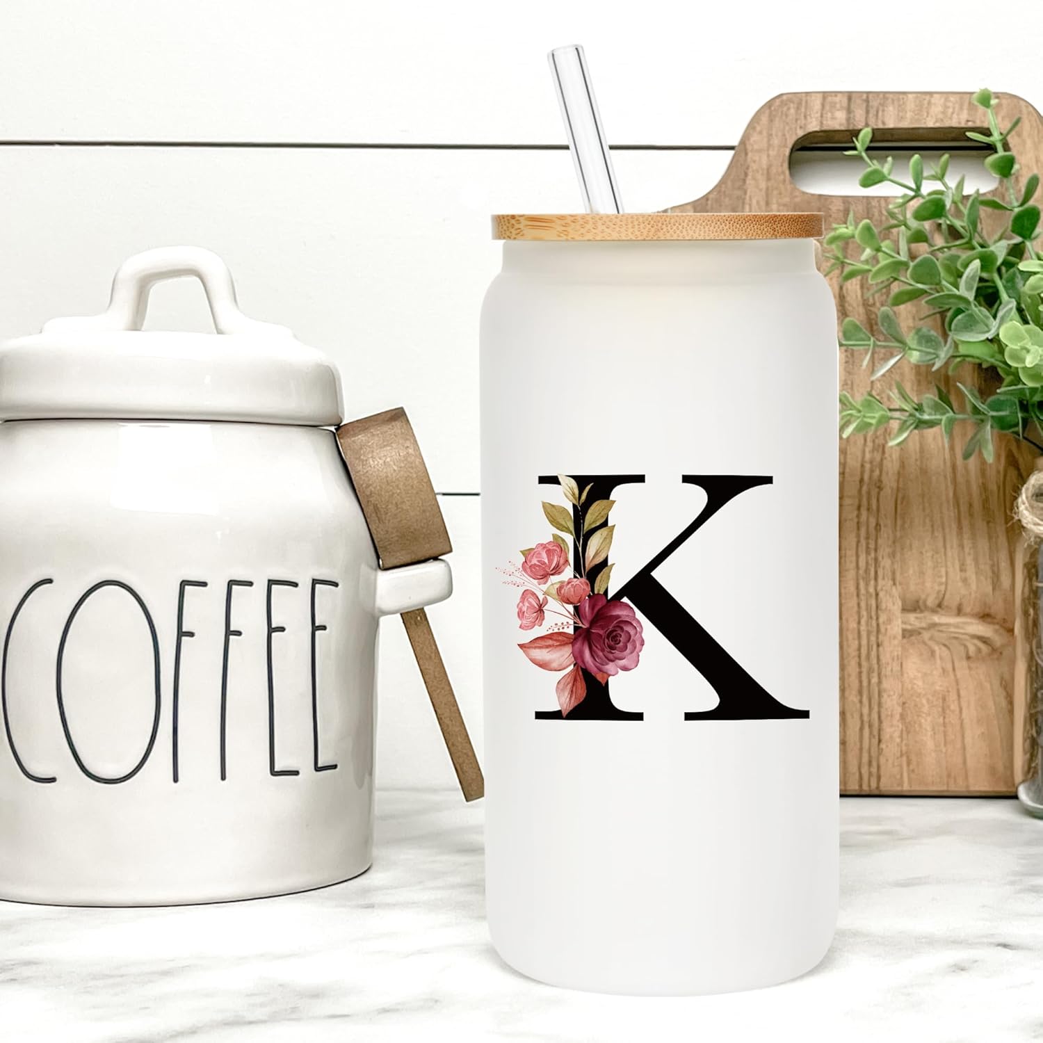 Personalized Gifts for Women, Monogrammed Frosted Glass Tumbler with Straw and Lid, Cute Customized Mug, Custom Initial Iced Coffee Glasses, Customizable Drinking Cup, Birthday Teacher Woman, A - Image 5