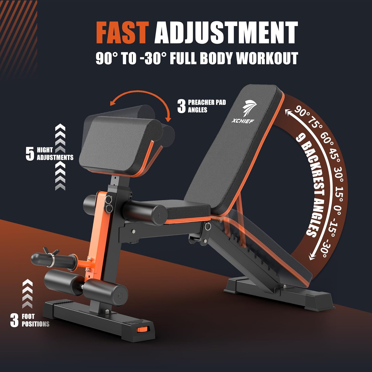 Adjustable Weight Bench - 1000LBS Capacity Heavy Duty Foldable Workout Bench for Full Body Exercise, Flat/Incline/Decline, Bench Press for Home Gym with Preacher Pad & Leg Extension - Image 3