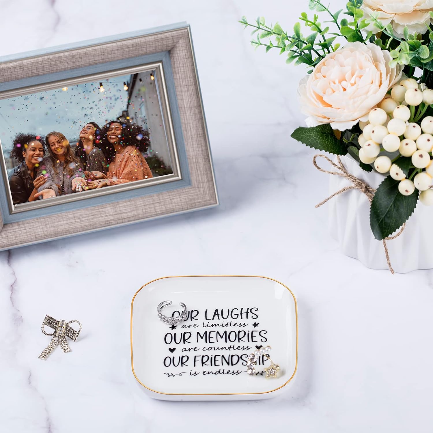 Piudee Friendship Gifts for Women Best Friend Jewelry Dish, Our Laughs are Limitless, Our Memories are Countless, Our Friendship is Endless Unique Gifts for Women, Female Friend Birthday Christmas - Image 2
