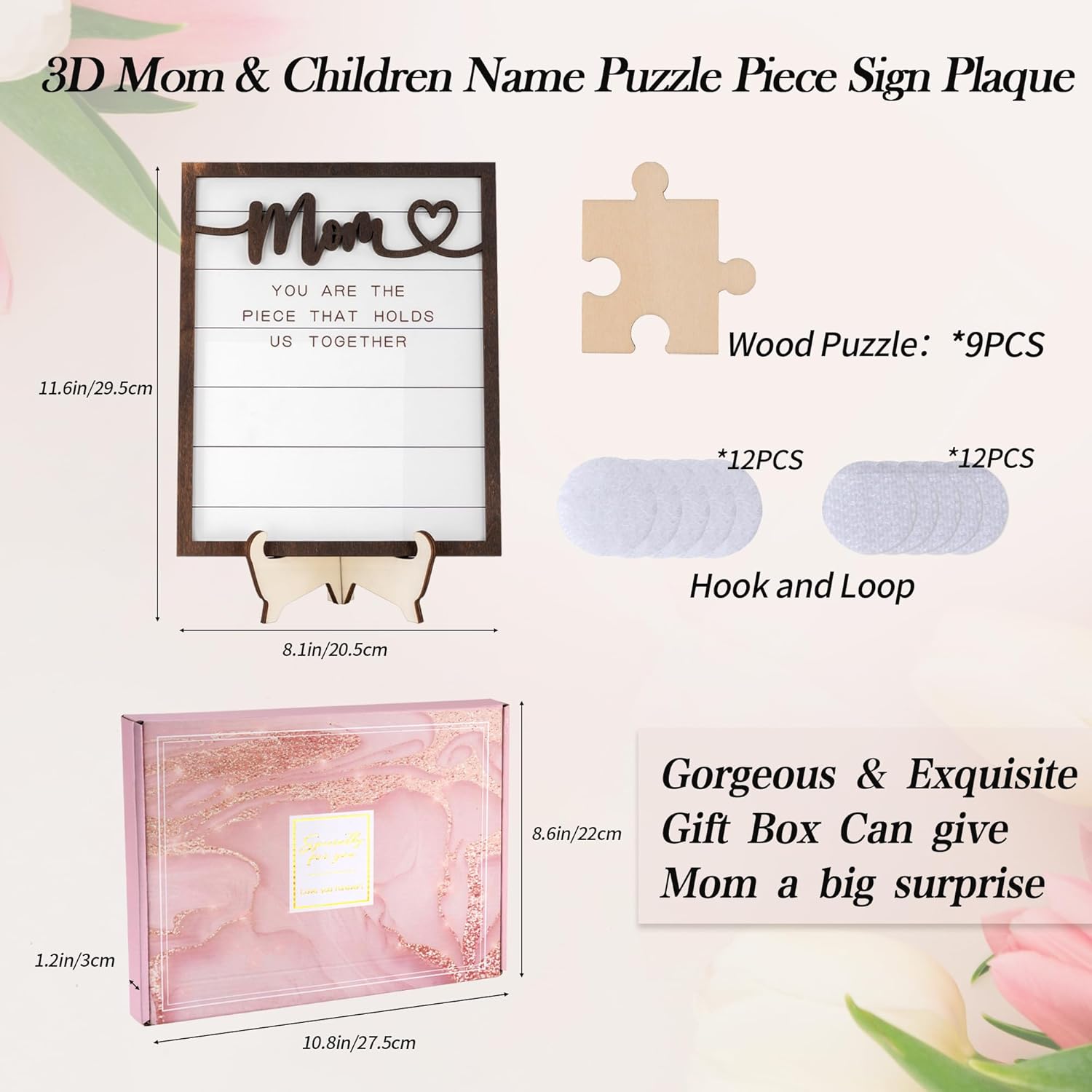 Personalized Mom Puzzle Piece Sign Gift, You are The Piece That Holds Us Together Plaque with Family Names, Grandparents Day Wood Sign, Birthday Gifts for Mommy from Daughter and Son (Mom) - Image 2