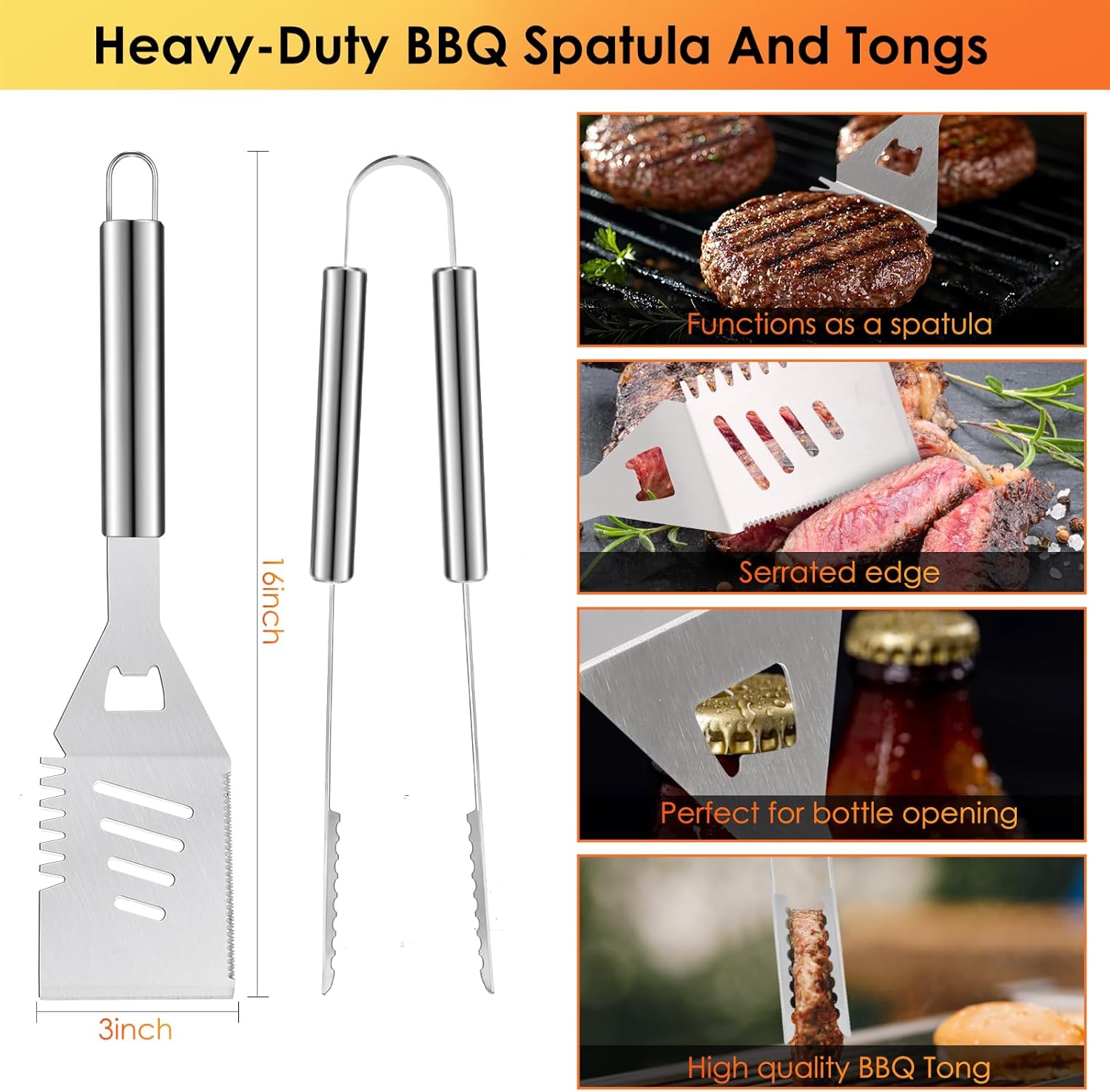 Yoehka BBQ Grilling Accessories Set, 34Pcs Heavy Duty Grill Tools for Outdoor Camping, Grilling Gifts for Men Dad, Stainless Steel Barbecue Utensils Kit with Mats and Glove in Carrying Bag, Silver - Image 2