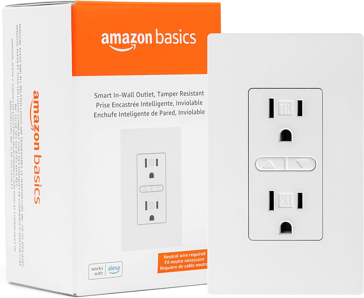 Amazon Basics Smart In-Wall Outlet, Works with Alexa Only, Individually Controlled Outlets, Voice Control, WiFi, 15 Amps, 2.4 GHz, No Hub Required, White