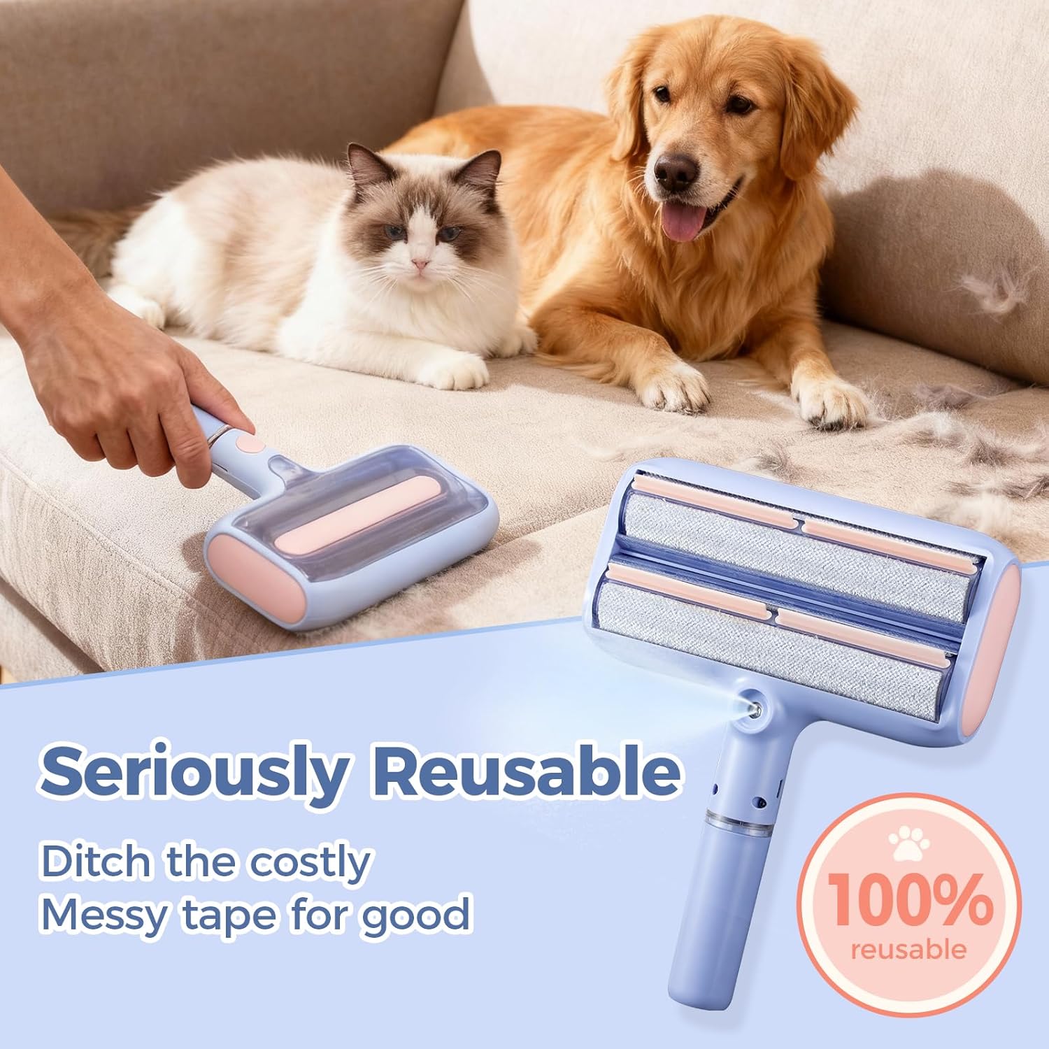 Pet Hair Remover, Pet Hair Removal Tool, Reusable Lint Roller with Double Roller,Cat and Dog Hair Remover for Furniture, Couch, Carpet, Car, Dual Trapping compartments with Spray Function - Image 3