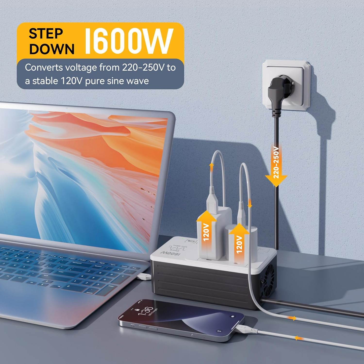 HYTED 1600W 220V to 110V Voltage Converter, Power Any American Appliances in 220-250V, Plug & Play, No Limitations, Universal Power Plug Adapter Voltage Converter US to Europe International Travel - Image 3