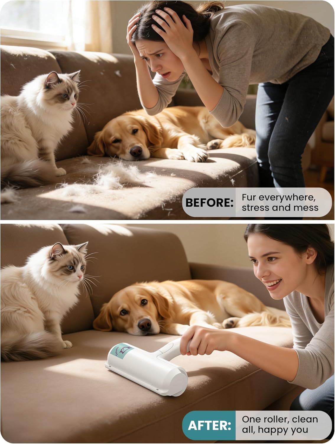 DELOMO Pet Hair Remover Roller: Reusable Lint Roller with Large Fur Bin - Portable Cat and Dog Hair Remover for Couch, Bedding, Car, Rugs & Furniture, Effective and Eco-Friendly, for Multi-Pet Homes - Image 8