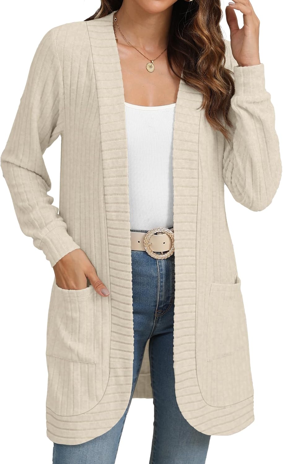 Women Long Sleeve Open Front Cardigan Casual Lightweight Long Cardigans Loose Knit Outwear with Pockets - Image 2