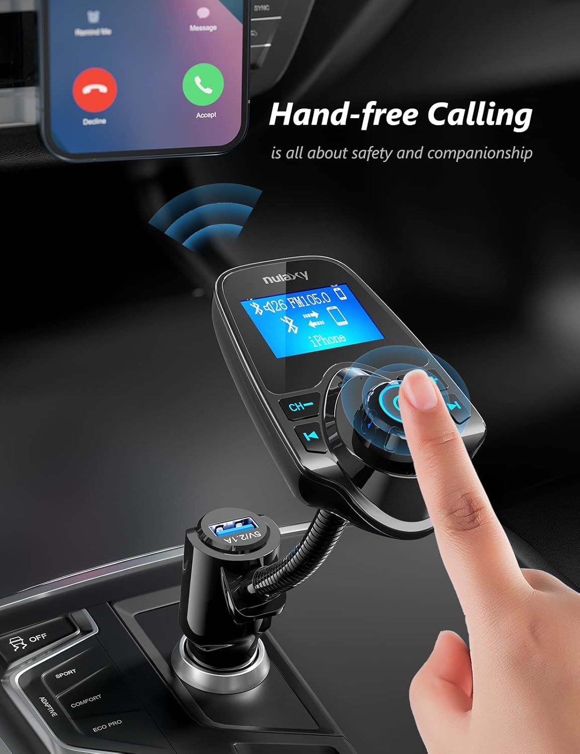 Nulaxy KM18 Bluetooth 5.4 Car Adapter with 1.44" Clear Display & Flexible Gooseneck - FM Radio Transmitter & Bluetooth Receiver for Hands-Free Calls, Wireless Music via BT/FM/AUX/TF, USB Car Charger - Image 4