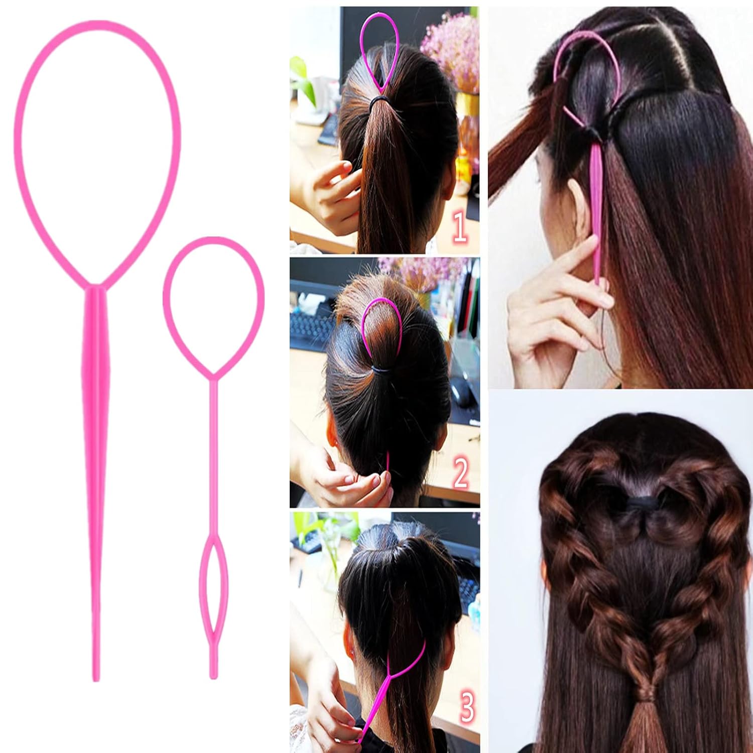 8Pcs Hair Brushes Set with 4Pcs Topsy Hair Tail Tools 1Pcs Bristle Teasing Hair Brush 1Pcs Edge Control Brush 2Pcs Metal Pin Rat Tail Combs for Woman Girl hair Styling,Edge&Back Brushing,Pink - Image 2