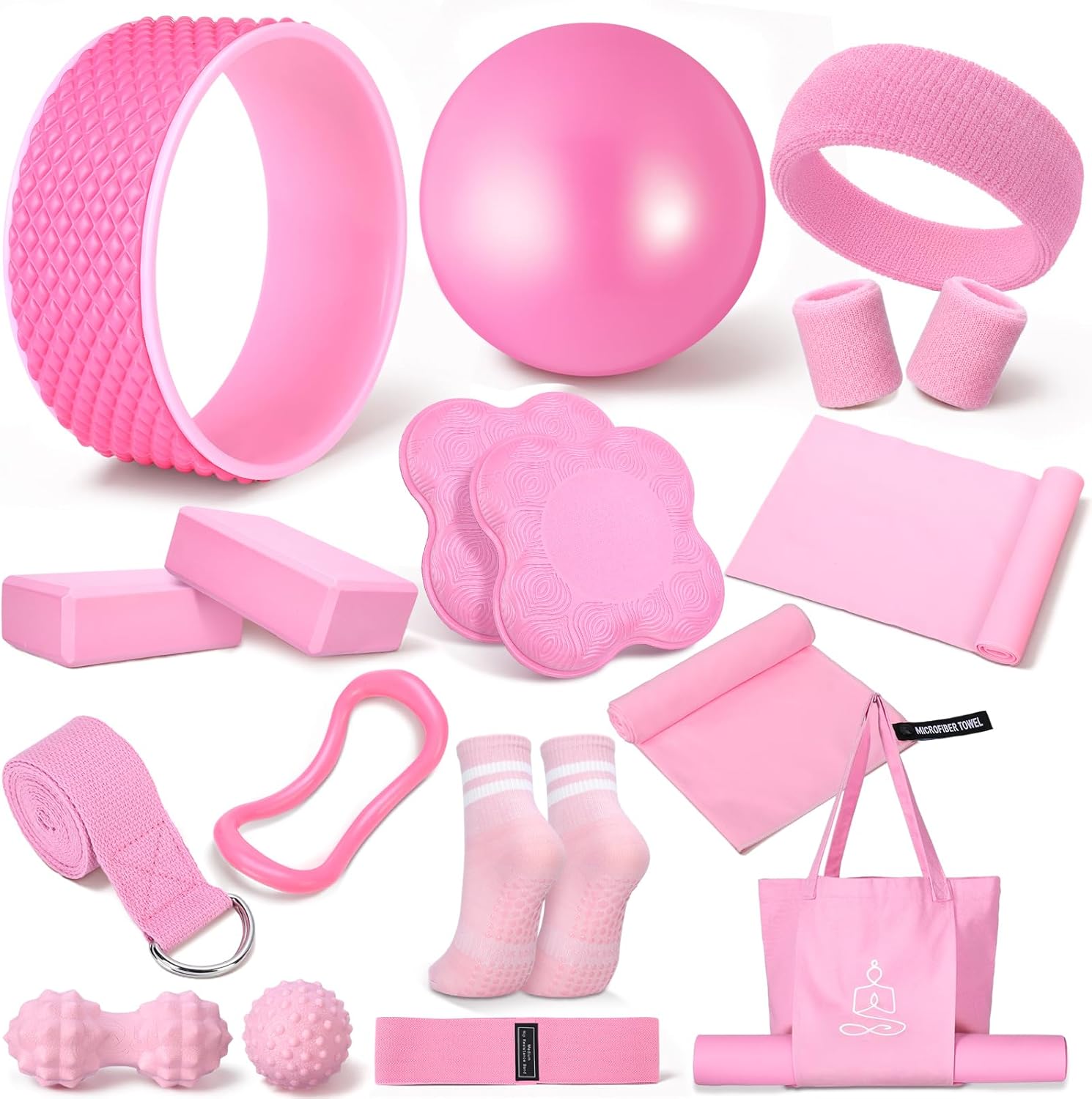 Gemscream 17 Pcs Yoga Essential Kit for Women, Pilates Equipment Starter Set for Beginners with Yoga Wheel Ball Blocks Strap Resistance Bands Wrist Rings Socks Towel & Carry Bag for Home Workouts