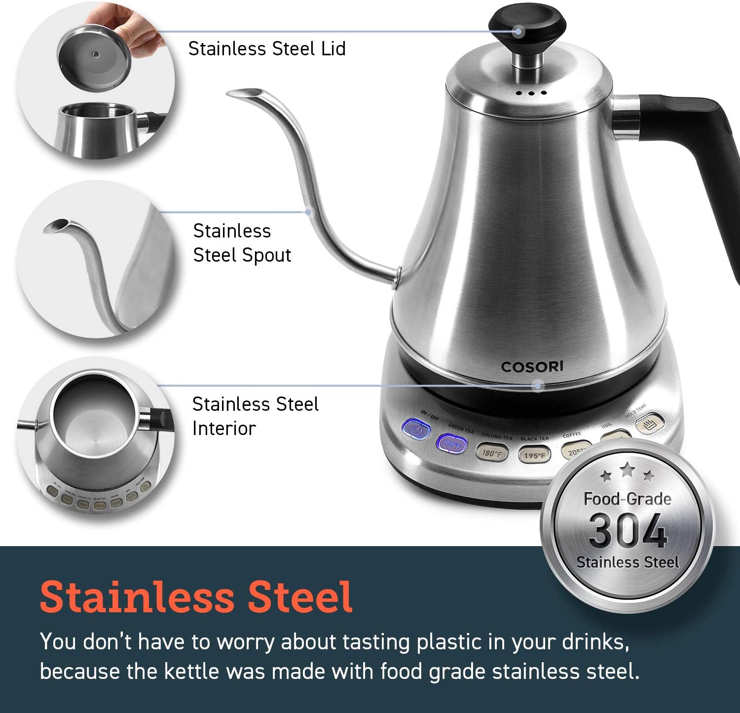 COSORI Gooseneck Electric Kettle with 5 Variable Presets, Pour Over & Coffee maker, 100% Stainless Steel Inner Lid & Bottom, 1200 Watt Quick Heating, 0.8L, Silver - Image 4