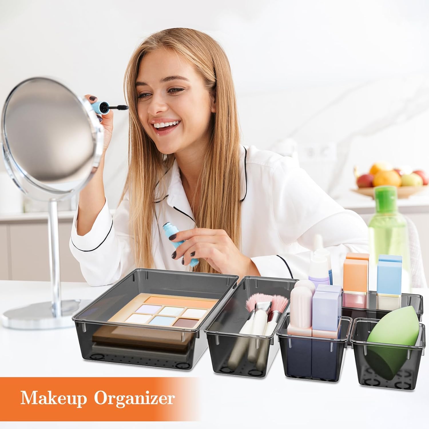 SpaceHacks 25 PCS Plastic Drawer Organizer Set, 4-Size Versatile Organizer Trays & storage Bins for Makeup, Jewelry, and Gadgets in Bathroom, Bedroom and Office,Clear Black - Image 5