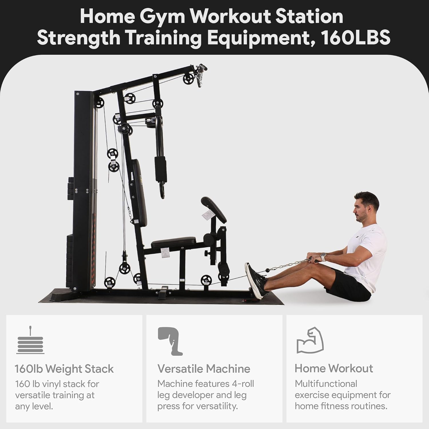 BalanceFrom Multifunctional Steel Frame Home Gym Machine with Floor Mat – Strength Training Workout Station with 160-Pound Weight Stack, Lat Pull & Low Row Bars, 4-Roll Leg Developer & Press - Image 3