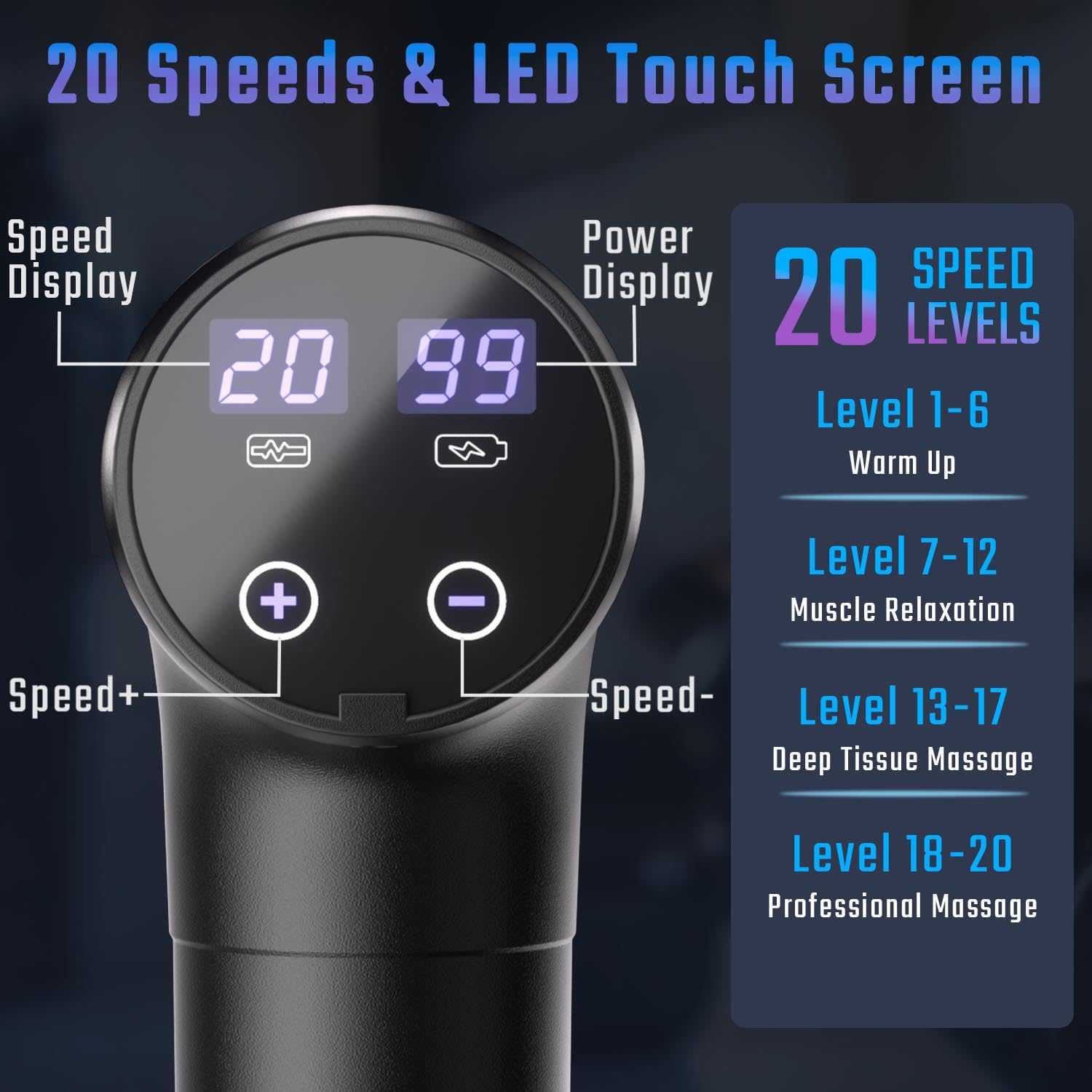 cotsoco Massage Gun Deep Tissue, Muscle Massage Gun with 9 Attachment Heads 20 Speeds & Silent Brushless Motor for Pain Relief, Handheld Percussion Back Massager Gun for Athletes (Black) - Image 2