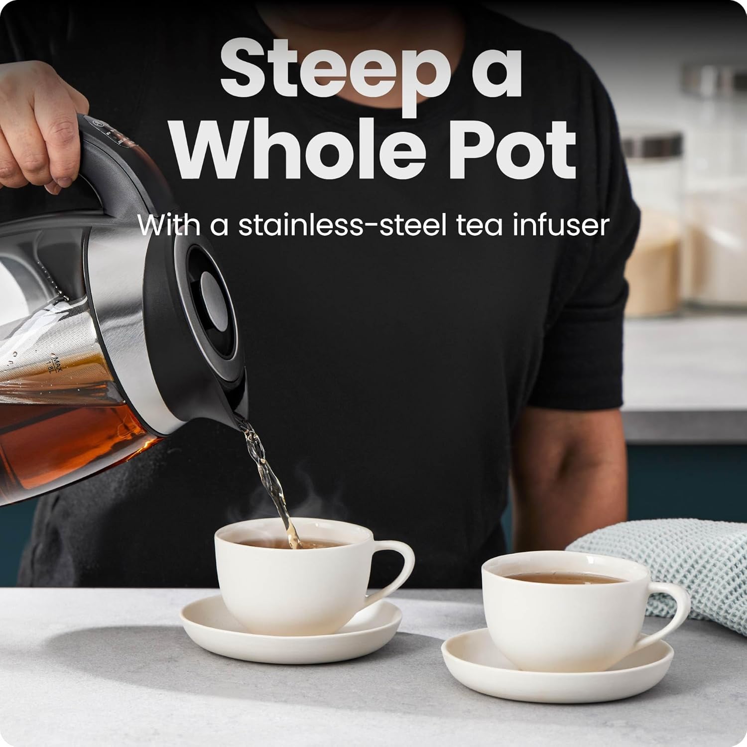 Chefman Electric Kettle with Temperature Control, 5 Presets LED Indicator Lights, Removable Tea Infuser, Glass Tea Kettle & Hot Water Boiler, 360° Swivel Base, BPA Free, Stainless Steel, 1.8 Liters - Image 5