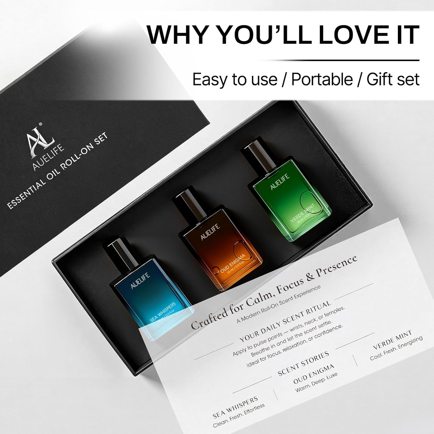 3 x 15ml Roll-On Essential Oil Set, Mens Fragrance Rollerball Oils Gift Set for Him, Men's Aroma Gift Set for Work, Travel & Daily Use, Scent of Peppermint, Sandalwood & Oud for Focus, Energy & Relax - Image 7