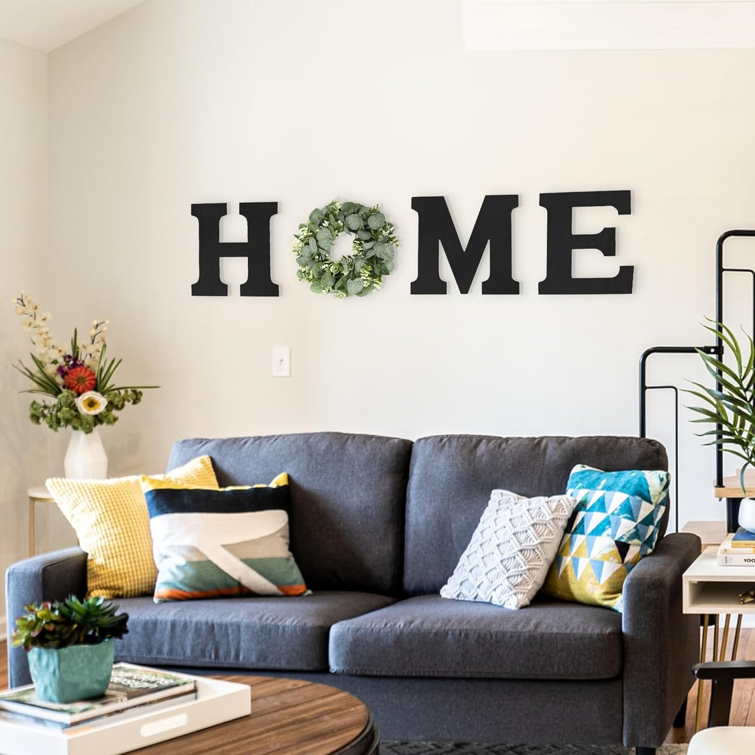 Pinkpum Wood Home Sign with Artificial Eucalyptus Wreath for O, Hanging Farmhouse Wall House Decor Wood Letters for Wall Art Rustic Home Decor, Wall Decor for Living Room Kitchen Entryway (Black) - Image 7