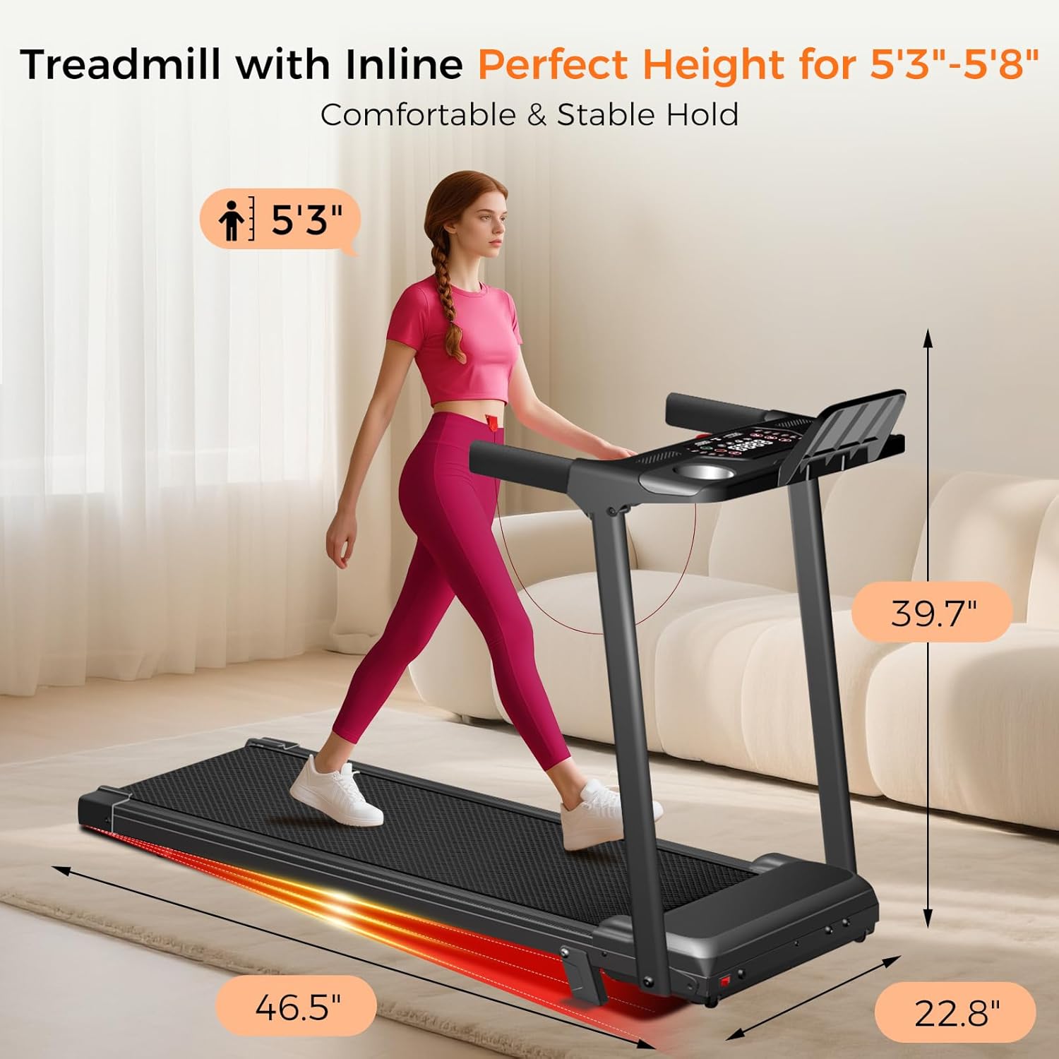 Treadmill with Incline,3.0HP Small Treadmills for Home,Portable Electric Treadmill with Handles,Lightweight Walking Pad,Compact Running Treadmills,Walking Pad with Handle,300LBS Capacity - Image 9
