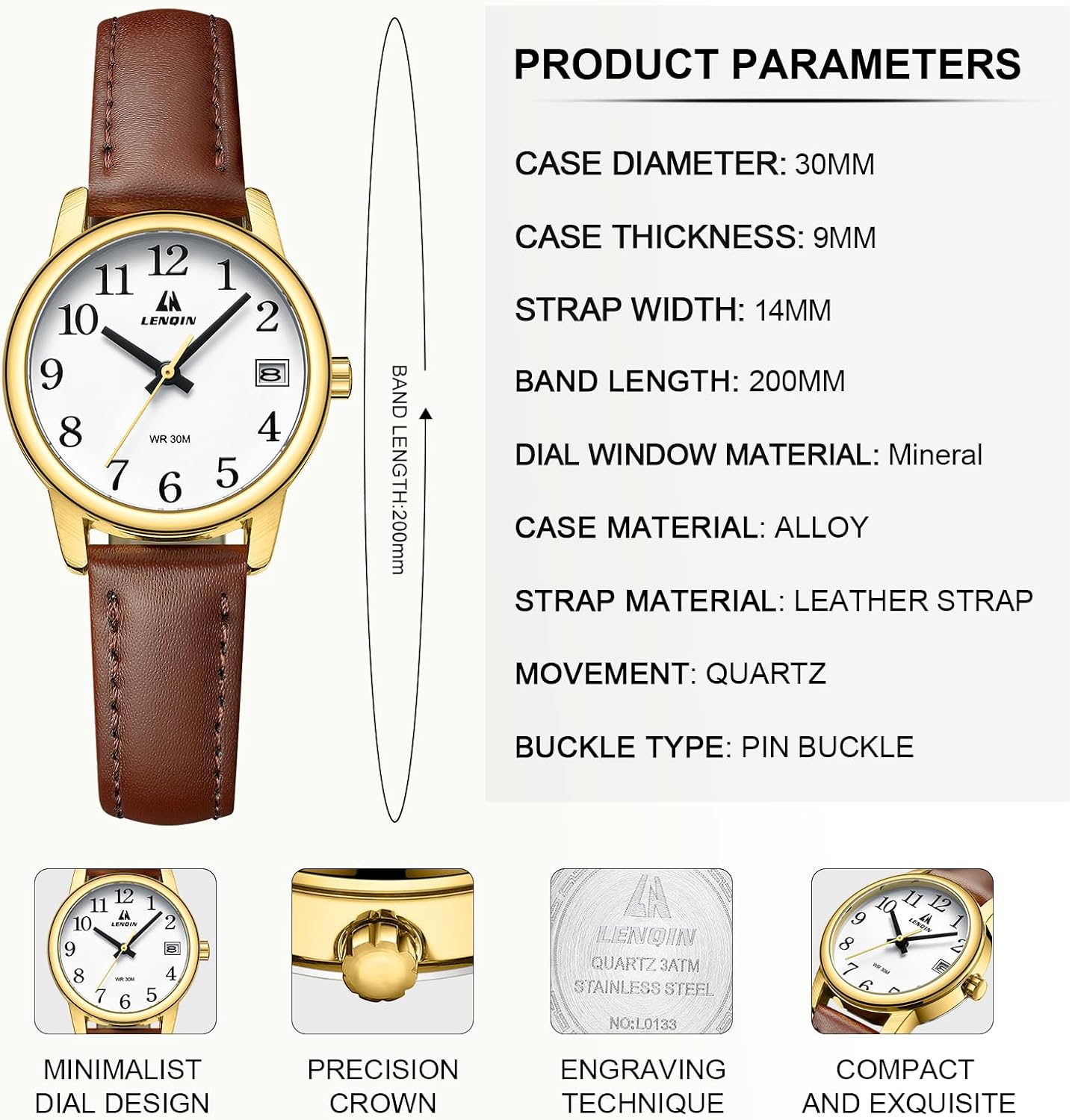LN LENQIN Ladies Watches Analog Quartz Watch for Women Waterproof Women's Wrist Watches Easy Reader Womens Watch with Leather Strap - Image 4