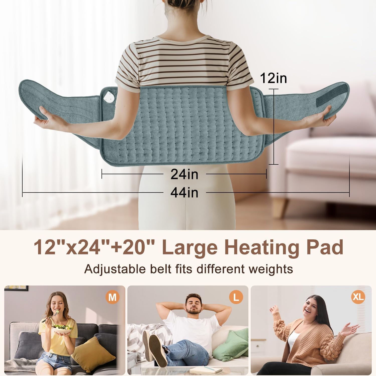 IGXHAVIZ Heating Pad for Back Pain Relief, Electric Heating Pad for Period Cramps Neck Shoulders with Belt, 4 Timer 6 Heat Setting & Auto Shut Off, 12"x24"+20" Large Moist Heat Pad for Mom,Dad - Image 5