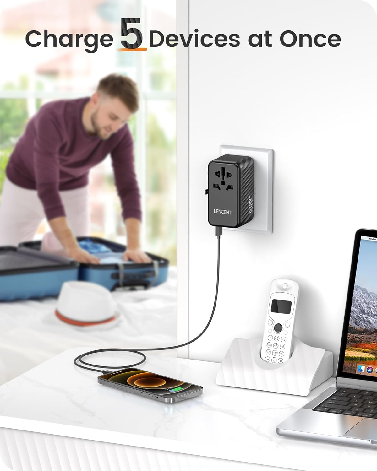 LENCENT International Travel Adapter, 120W GaN Universal Fast Charger with 3 PD3.0 Type C+1 QC USB A, All in One Power Adaptor for iPhones,Laptops, Worldwide Plug Adapter for EU/USA/UK/AU, Black - Image 5