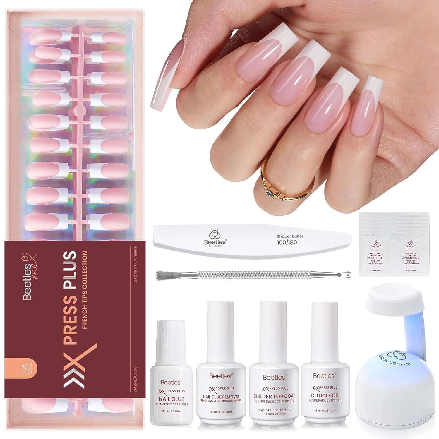 Beetles X Press Plus On Nails Kit - Rose French | Pink Long Square French Tip Press On Nails | 224Pcs 16 Sizes All-in-One Kit With Nail Glue,Remover,Builder Top Coat,Nail Lamp