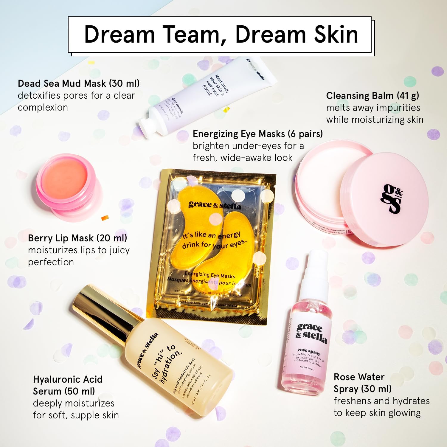 grace & stella Award Winning Skin Care Set - Mothers Day Gift Bags, Travel Size Toiletries with Eye Masks, Hyaluronic Acid Serum, Lip Balm & More, Gift Baskets for Women, Vegan Cruelty-Free Self Care - Image 4