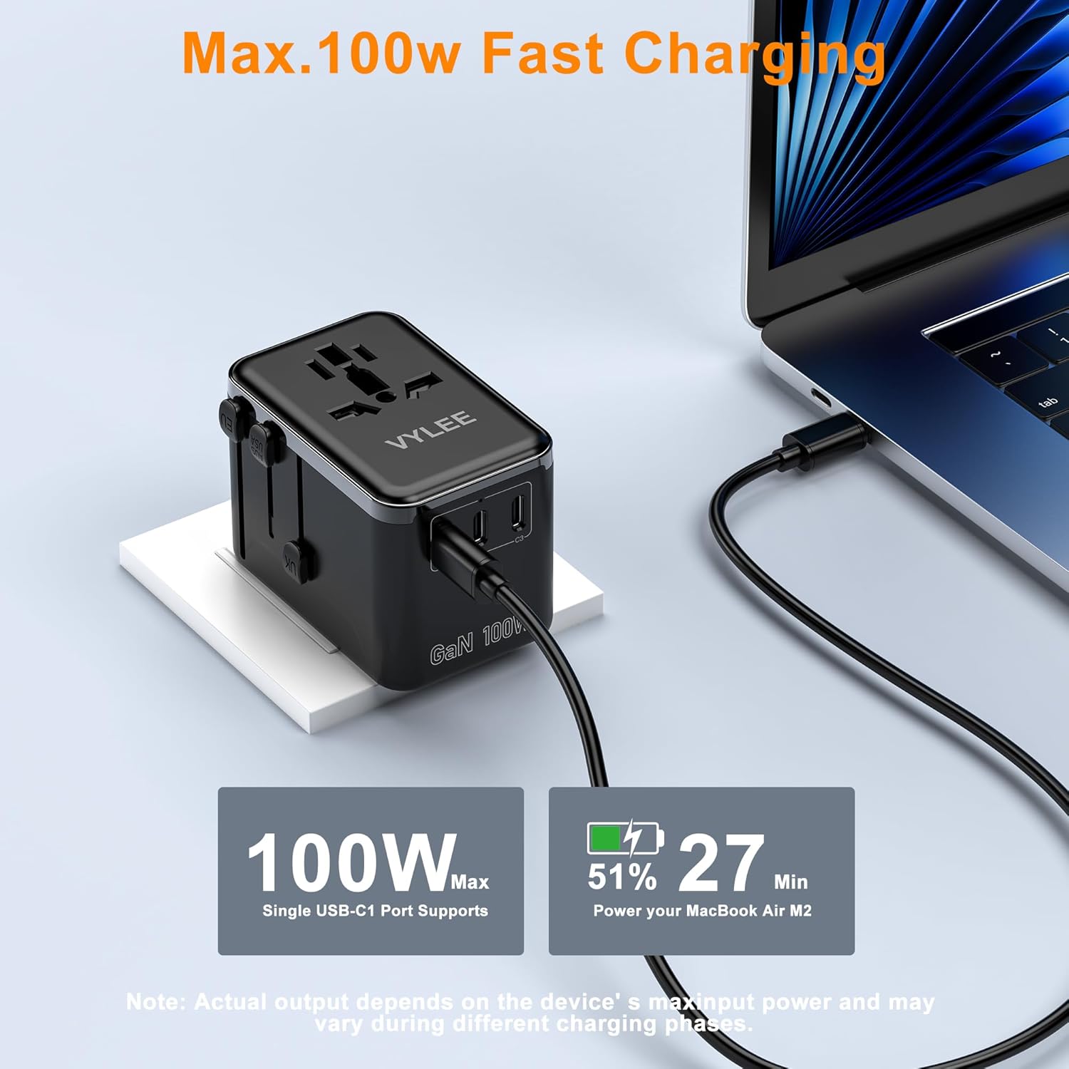 VYLEE Universal Travel Adapter, PD100W GaN International Power Adapter with 3 USB C and 1 USB A Charging Ports, All in One Power Outlet, Worldwide Plug Adapter for US to European UK AUS Ireland(Black) - Image 2