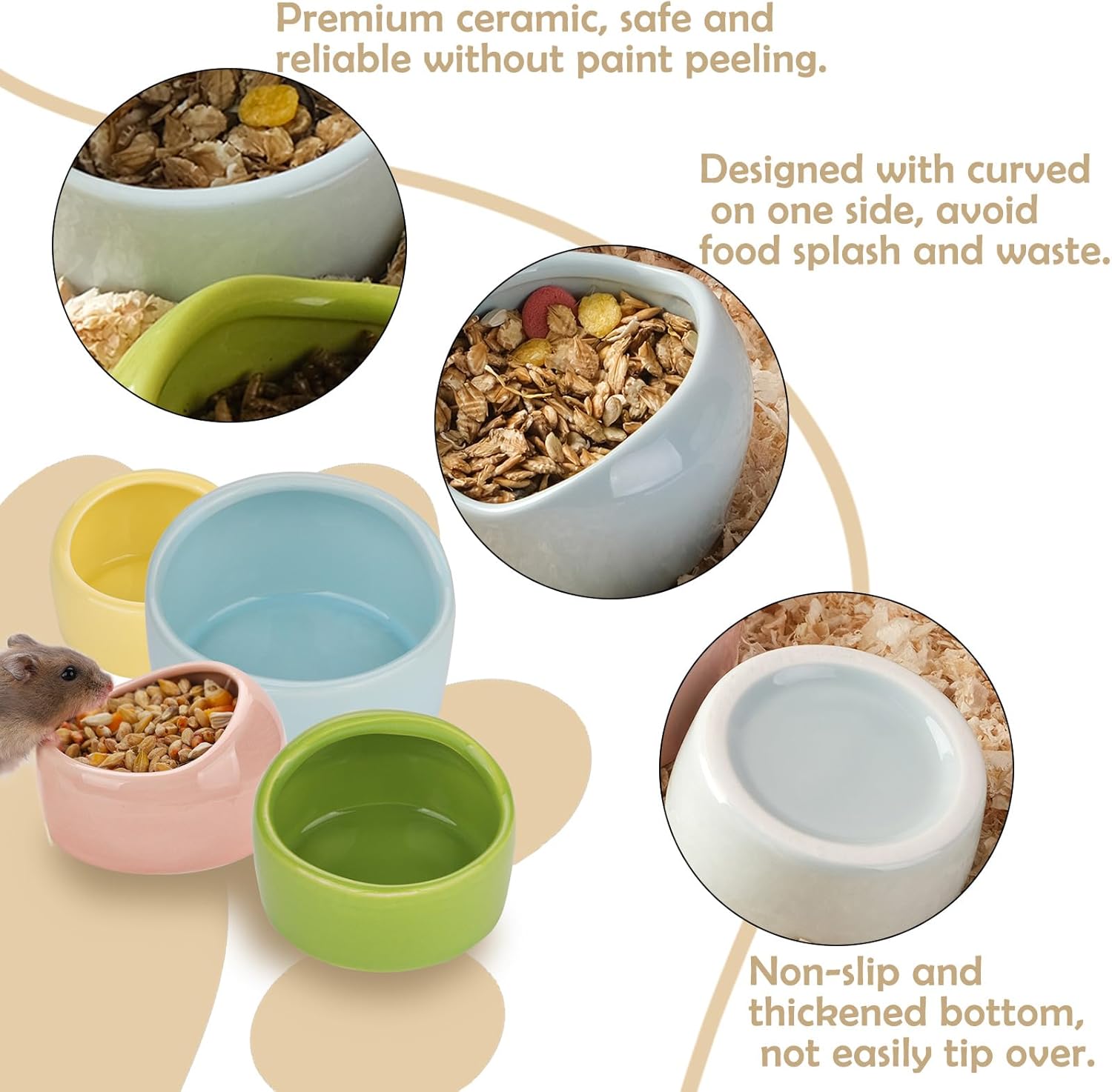 VanEnjoy 4 Pack Small Hamster Food Bowl Ceramic Guinea Pig Food Dish No Spill Hamster Food and Water Bowl Small Animal Food Bowl - Pink Blue Yellow and Green - Image 5