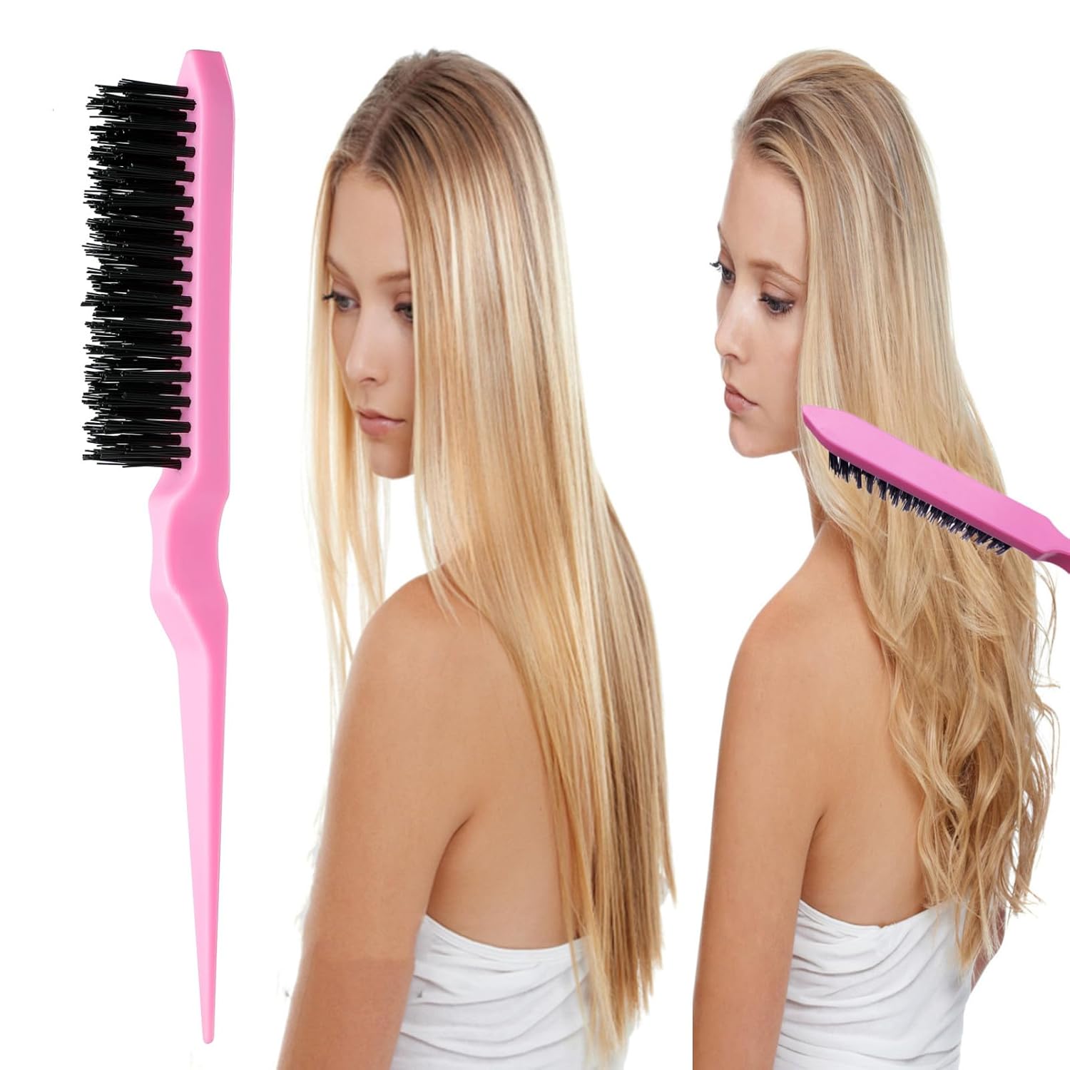 8Pcs Hair Brushes Set with 4Pcs Topsy Hair Tail Tools 1Pcs Bristle Teasing Hair Brush 1Pcs Edge Control Brush 2Pcs Metal Pin Rat Tail Combs for Woman Girl hair Styling,Edge&Back Brushing,Pink - Image 3