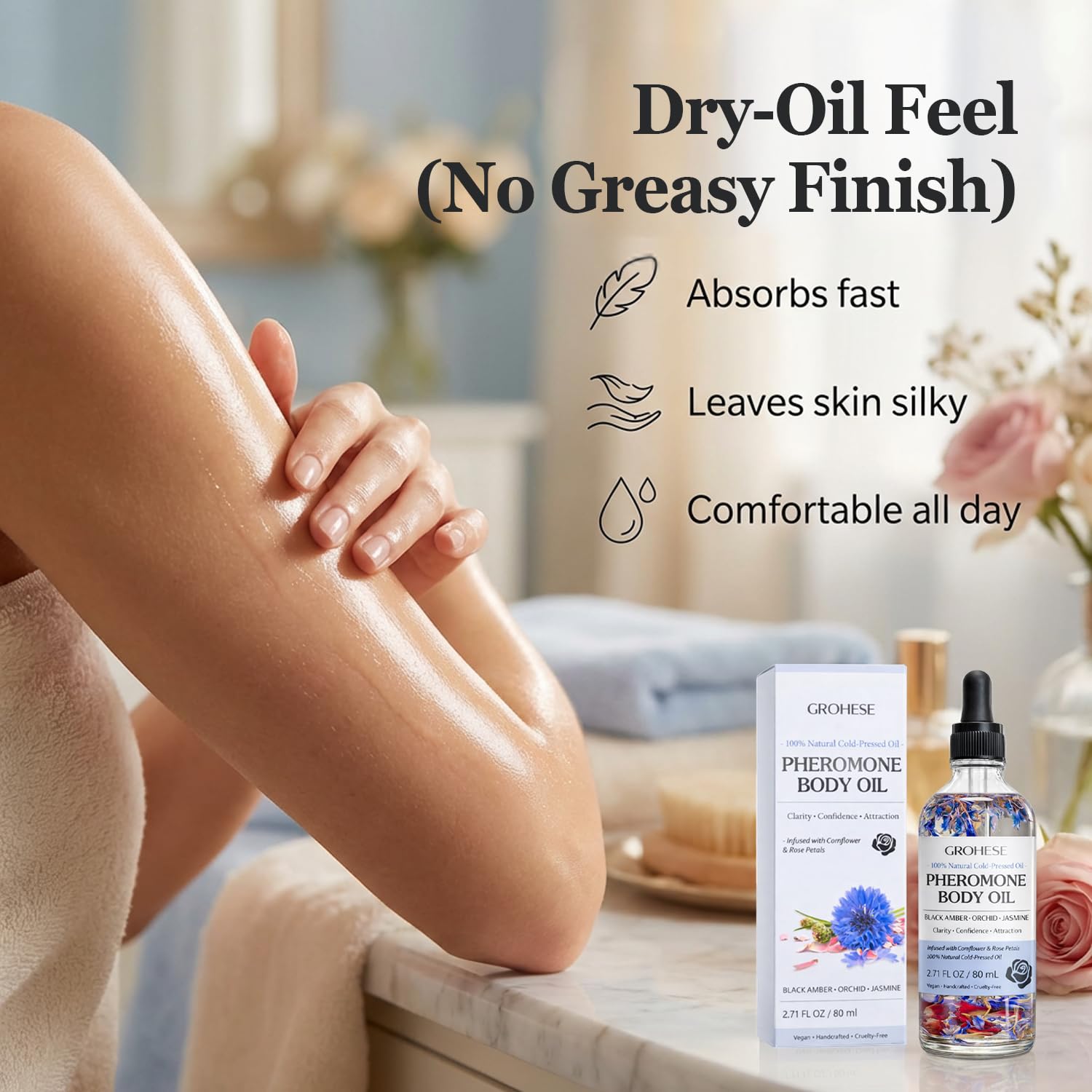 Pheromone Body Oil for Women, Body Oils for Women Scented with Black Amber Orchid & Jasmine Scent, Lightweight Moisturizing Body & Massage Oil, 2.71 fl oz (80 mL) - Image 5
