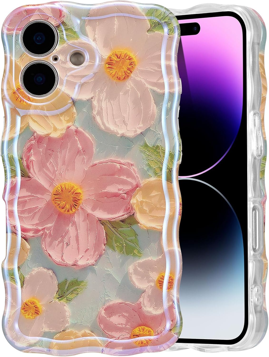 EYZUTAK Case for iPhone 16, Colorful Retro Oil Painting Printed Flower Laser Glossy Pattern Cute Curly Wave Edge Exquisite Phone Cover Stylish Durable TPU Protective Case for Girl Women-Green