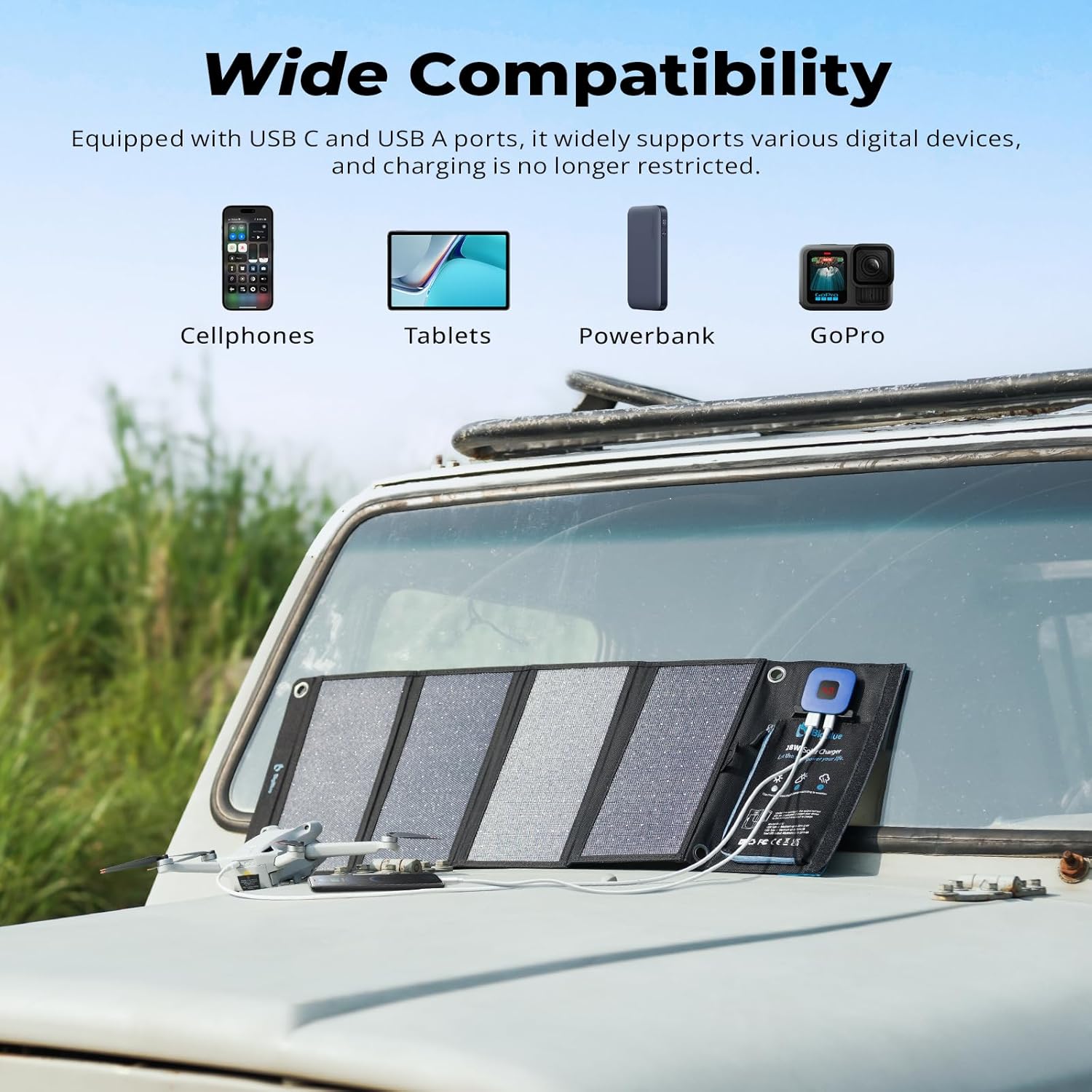 BigBlue Portable Solar Charger 28W with Digital Ammeter,25.4% High-Efficiency, USB-A/USB-C Ports, Folding Waterproof Solar Panels with Carabiners for Camping, Backpacking, Phones, Tablets, Power Bank - Image 5