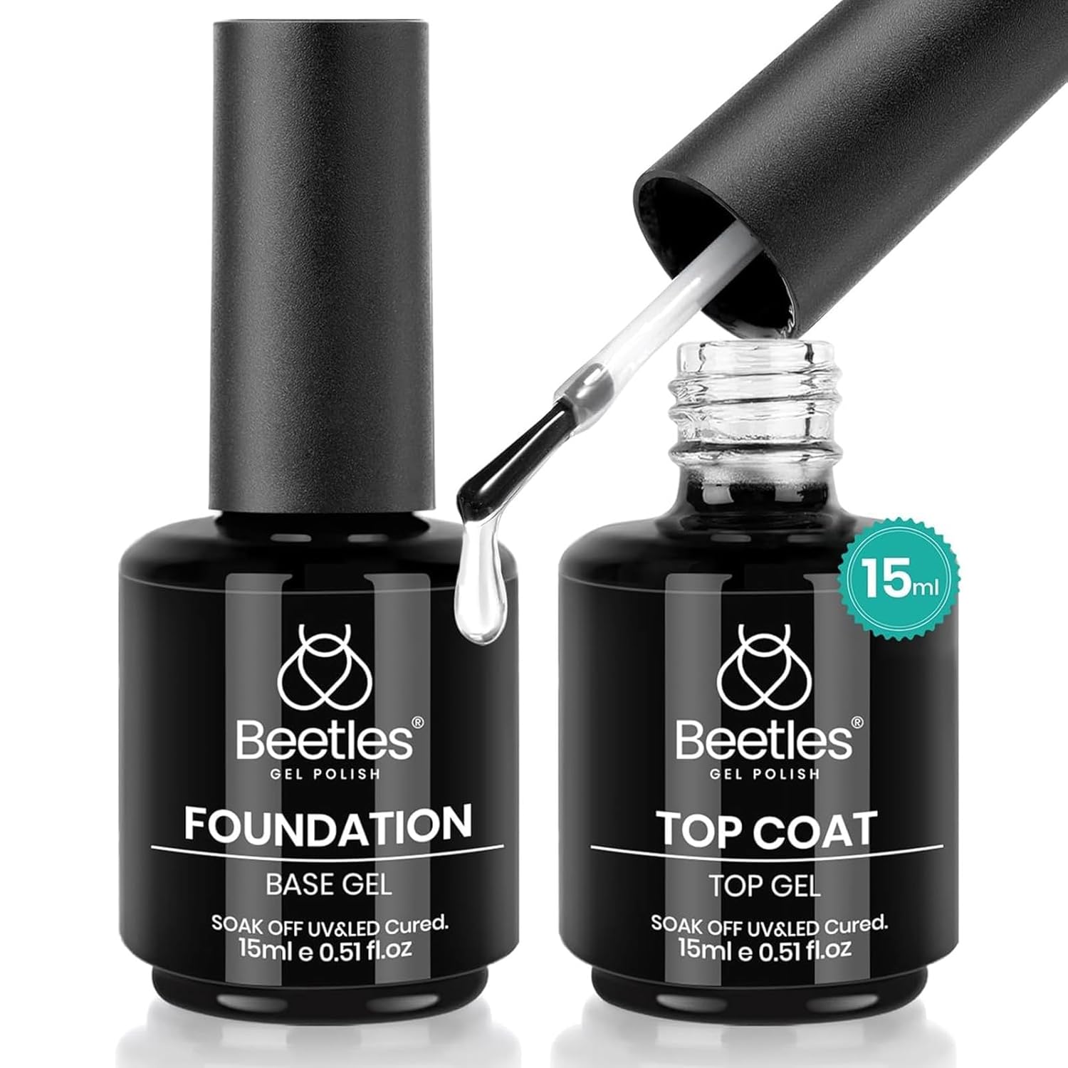 Beetles 2 Pcs 15ml No Wipe Gel Top Coat and Base Coat Set - Shine Finish and Long Lasting Soak Off LED Nail Lamp Gel Base Top Coat Finish Nail Art Design Stay Lock Shine Duo Manicure Gifts for Women