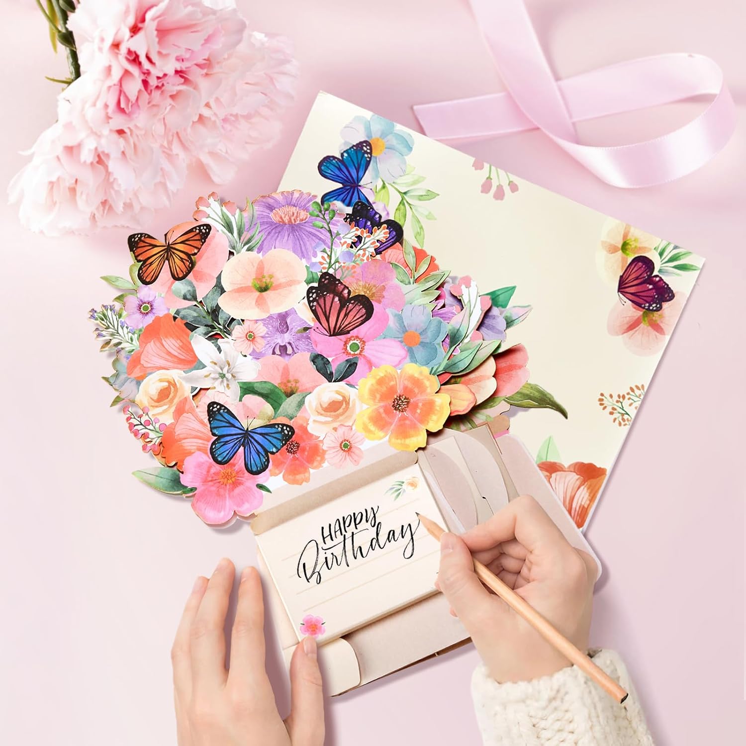 Yinqing Birthday Cards, Light and Music Happy Birthday Card, Lily and Butterflies, 10 Inch Life Sized Forever Flower Bouquet 3D Pop Up Birthday Gift Card for Women Wife Mom Daughter Sister - Image 5