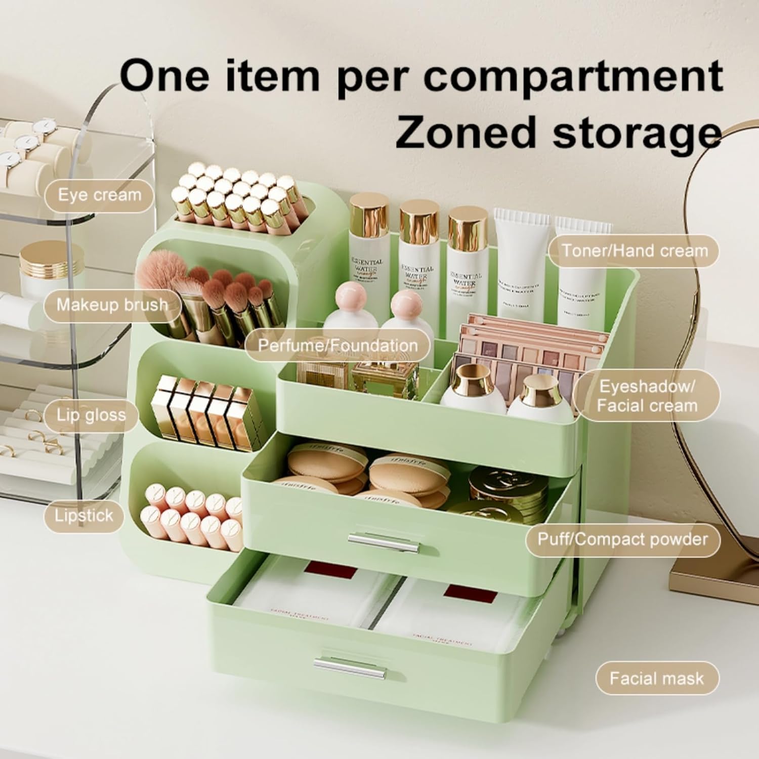 Booklov Makeup Organizer for Vanity, Large Capacity Cosmetic Display Case with Drawers, Countertop Beauty Storage Holder for Skincare, Brush Eyeliner Perfume Eyeshadow Lipsticks, Counter Desk, Green - Image 6