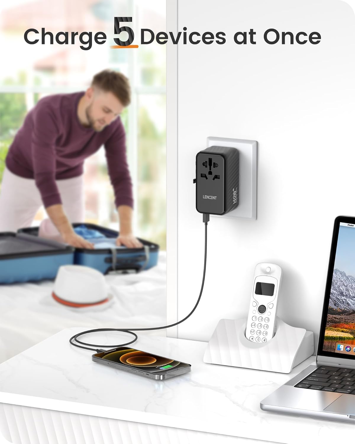 LENCENT 140W Universal Travel Adapter, International Plug Adaptor, GaN Fast Charger with 3 Type C+1 USB A, All in One Travel Essentials, Worldwide Outlet Converter for US to European EU UK AUS, Black - Image 5