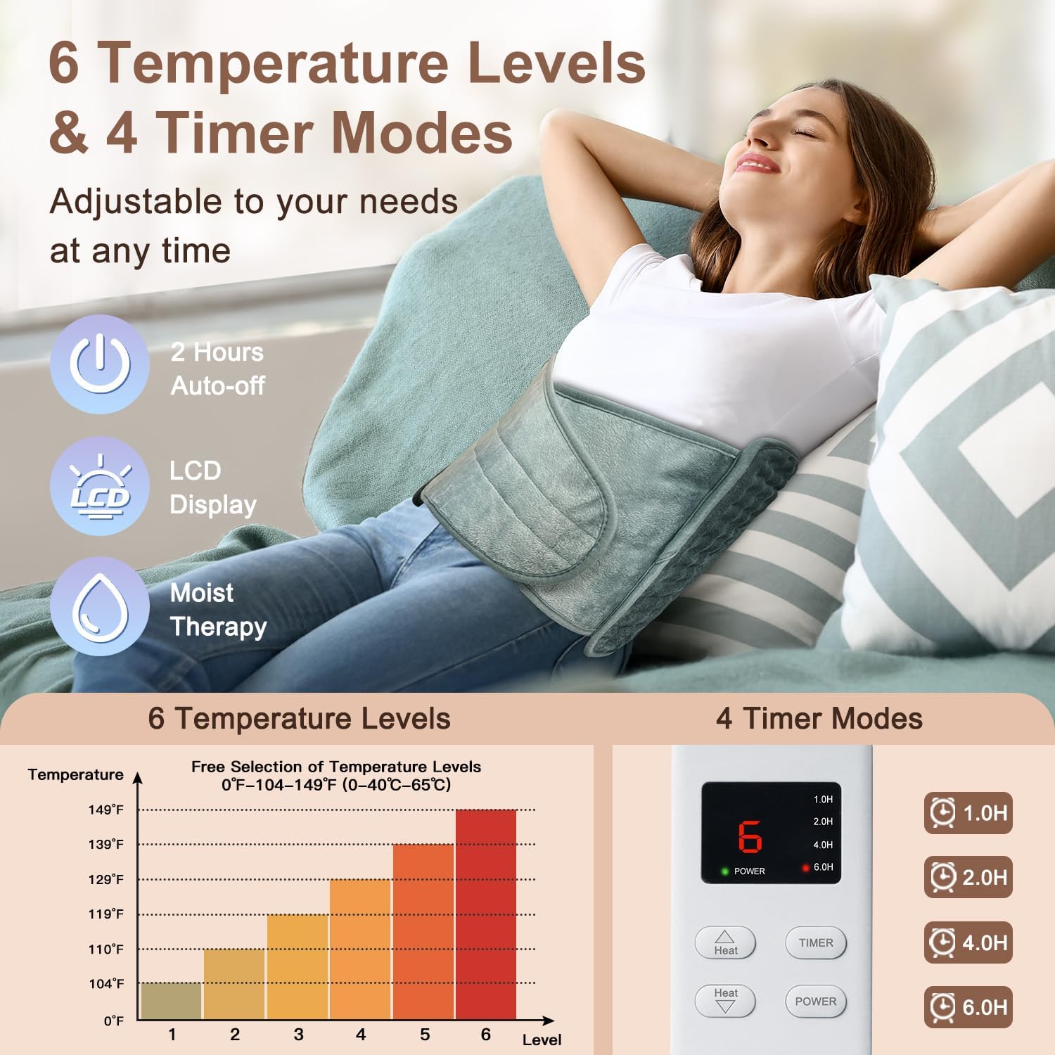 IGXHAVIZ Heating Pad for Back Pain Relief, Electric Heating Pad for Period Cramps Neck Shoulders with Belt, 4 Timer 6 Heat Setting & Auto Shut Off, 12"x24"+20" Large Moist Heat Pad for Mom,Dad - Image 3