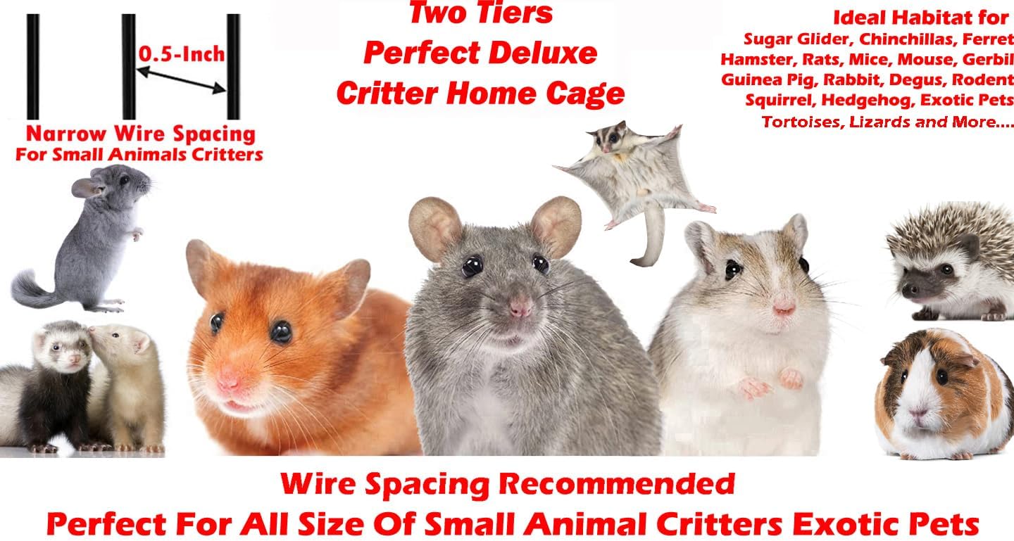 Deluxe Two Tiers Small Animal Critter Cage Tight 1/2-Inch Bar Spacing Water Bottle Food Bowl Feisty Ferret Hammock Chinchilla Rat Mice Squirrel Rabbit Sugar Glider Easy Clean Pull Out Grate Tray - Image 2
