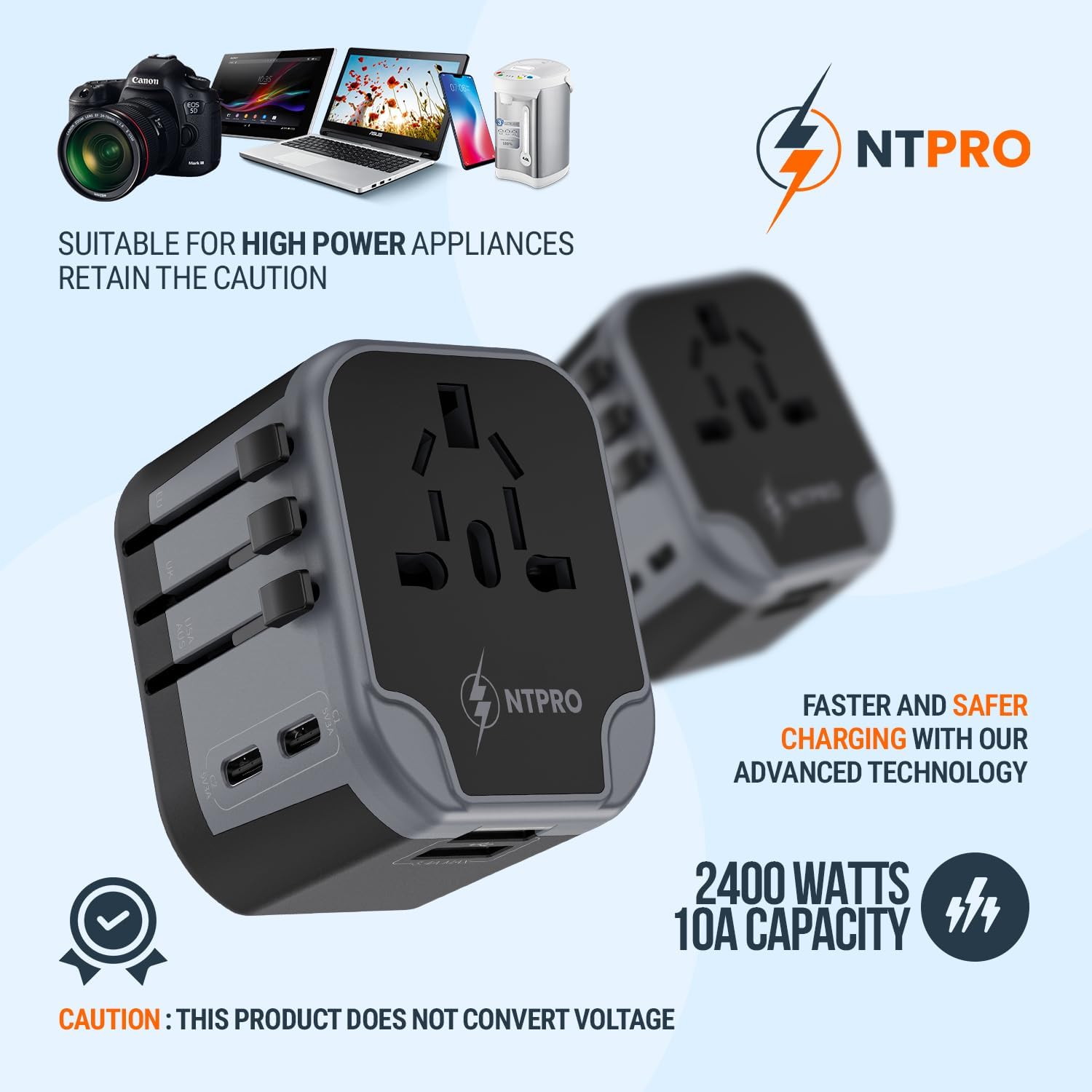 5 in 1 Universal Travel Adapter-10A | International Power Adapter with 2 USB C, 2 USB A Ports | 3.4A & 2400W Fast Portable Charger | Travel Adapter Worldwide Covering 200+ Countries- Black - Image 5