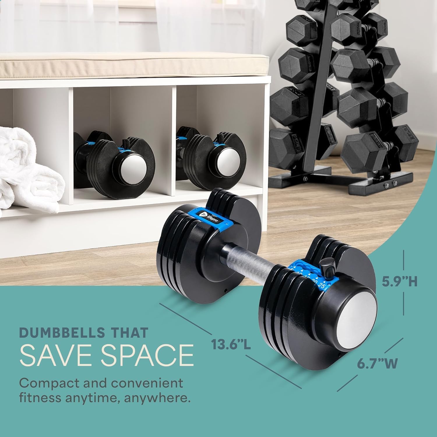 Lifepro Adjustable Dumbbells Set – 15lb, 25lb Pair or 43lb, 55lb & 90lb Single – Quick Adjustment, Anti Slip Handle – Space Saving & Strength Training Weights for Home Gym Exercise & Fitness - Image 5