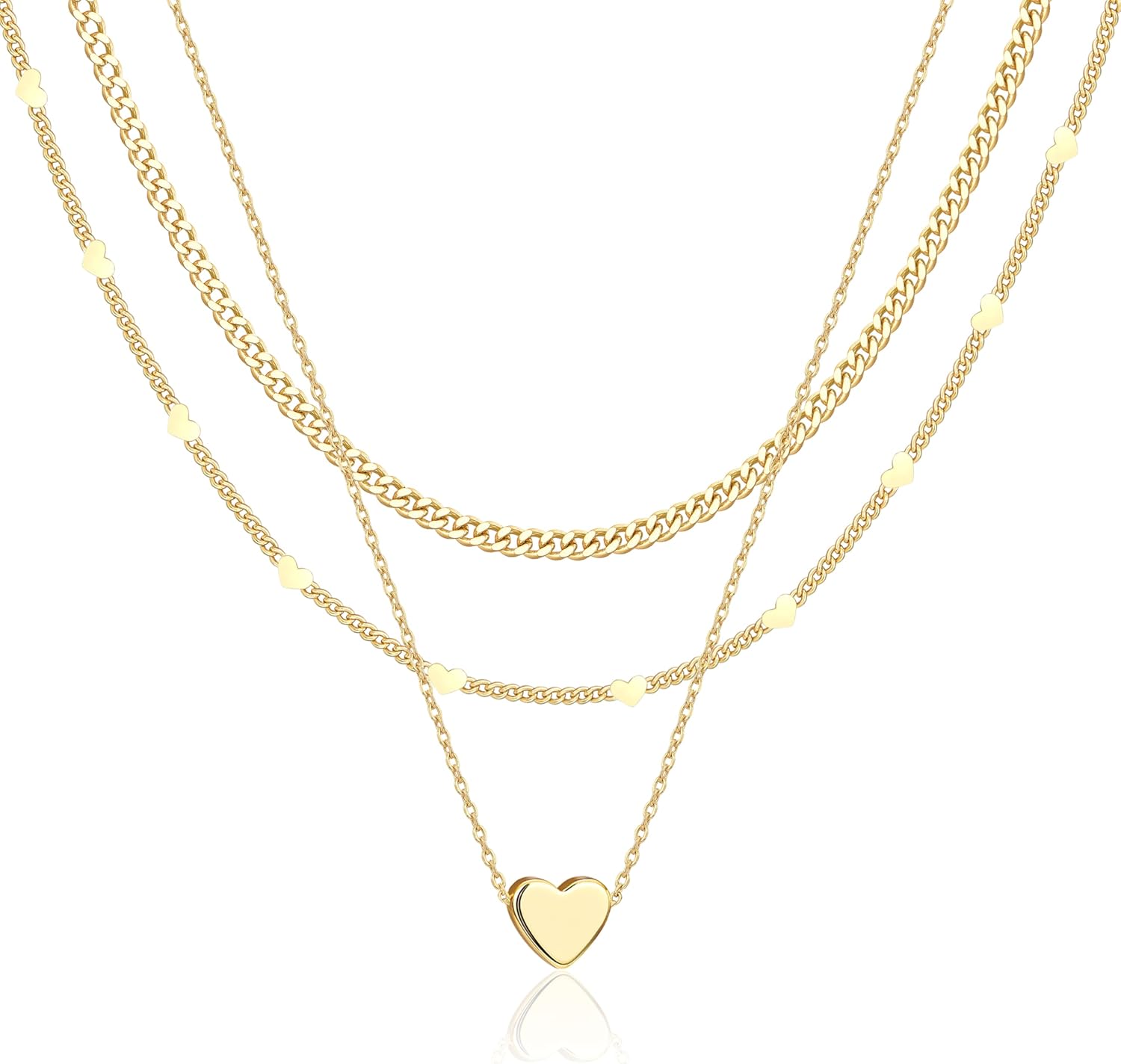 WomenGifts Layered Gold Necklaces for Women, 14K Gold Sterling Silver Plated Dainty Pendant Necklace Set with Cubic Zirconia Circle, Chunky Stackable Cuban Chain Choker, Trendy Personalized Birthstone Jewelry Gift Non Tarnish