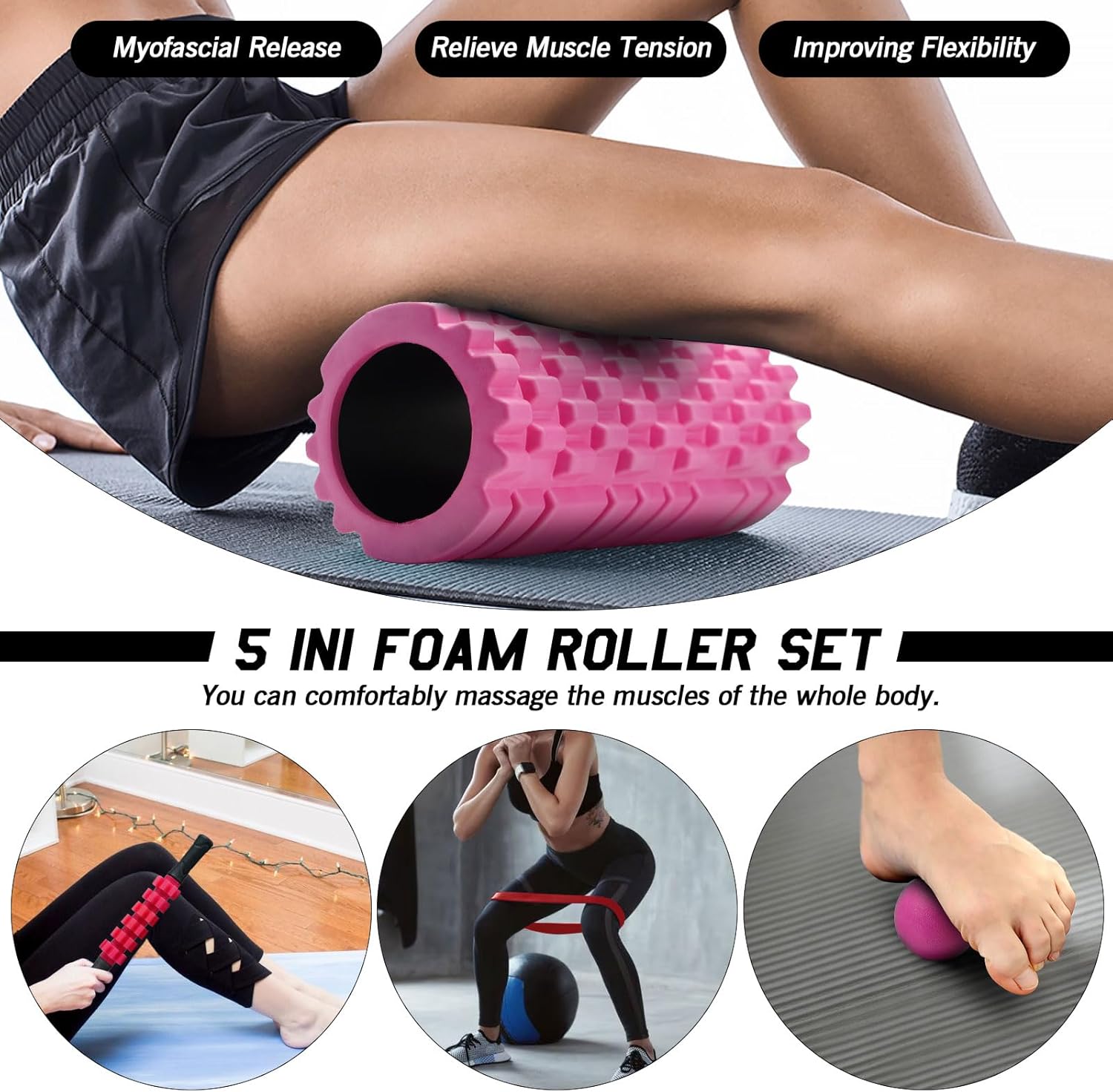 JOYENERGY 5 in 1 Foam Roller Set, Trigger Point Foam Roller Patented, Massage Stick, Massage Ball, Resistance Band for Deep Muscle Massage Pilates Yoga, Fitness Exercise for Whole Body - Image 6