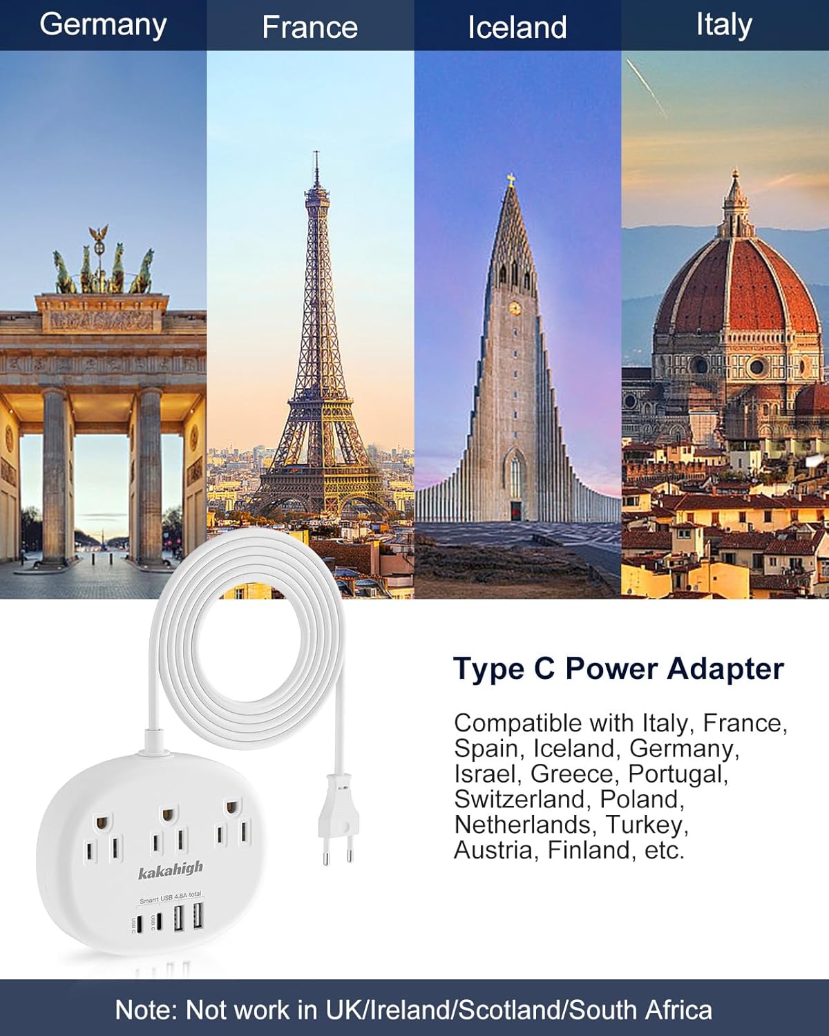 European Travel Plug Adapter with USB C, Multi Country Outlet Adapter with 3 AC Outlets and 4 USB Ports, Type C Plug Adapter for US to Most of Europe Iceland Spain Italy France Germany etc - Image 2