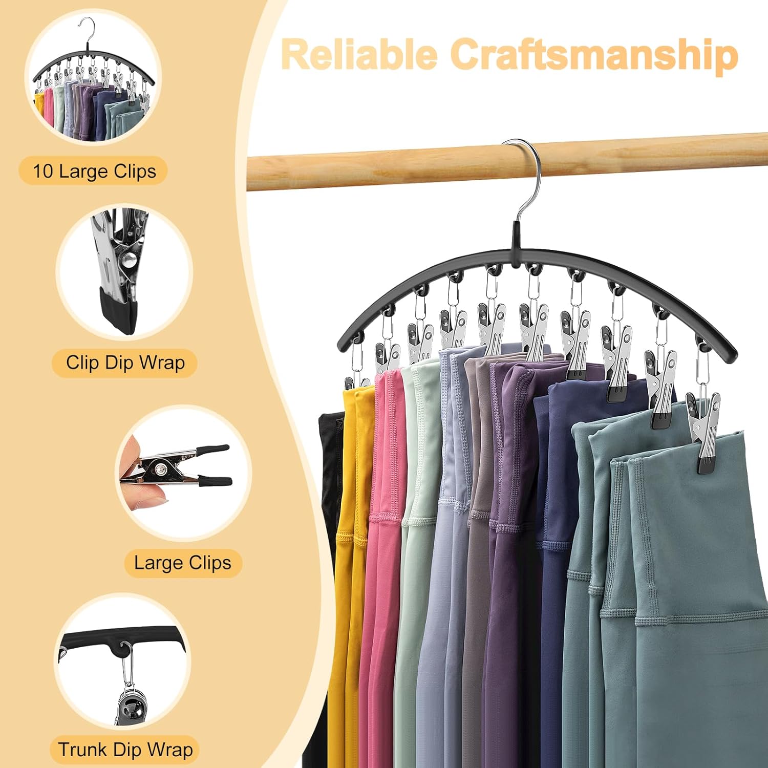 Legging Organizer for Closet, Metal Yoga Pants Hangers 2 Pack w/10 Clips Holds 20 Leggings, Space Saving Hanging Closet Organizer w/Rubber Coated Closet Organizers and Storage, Black - Image 6
