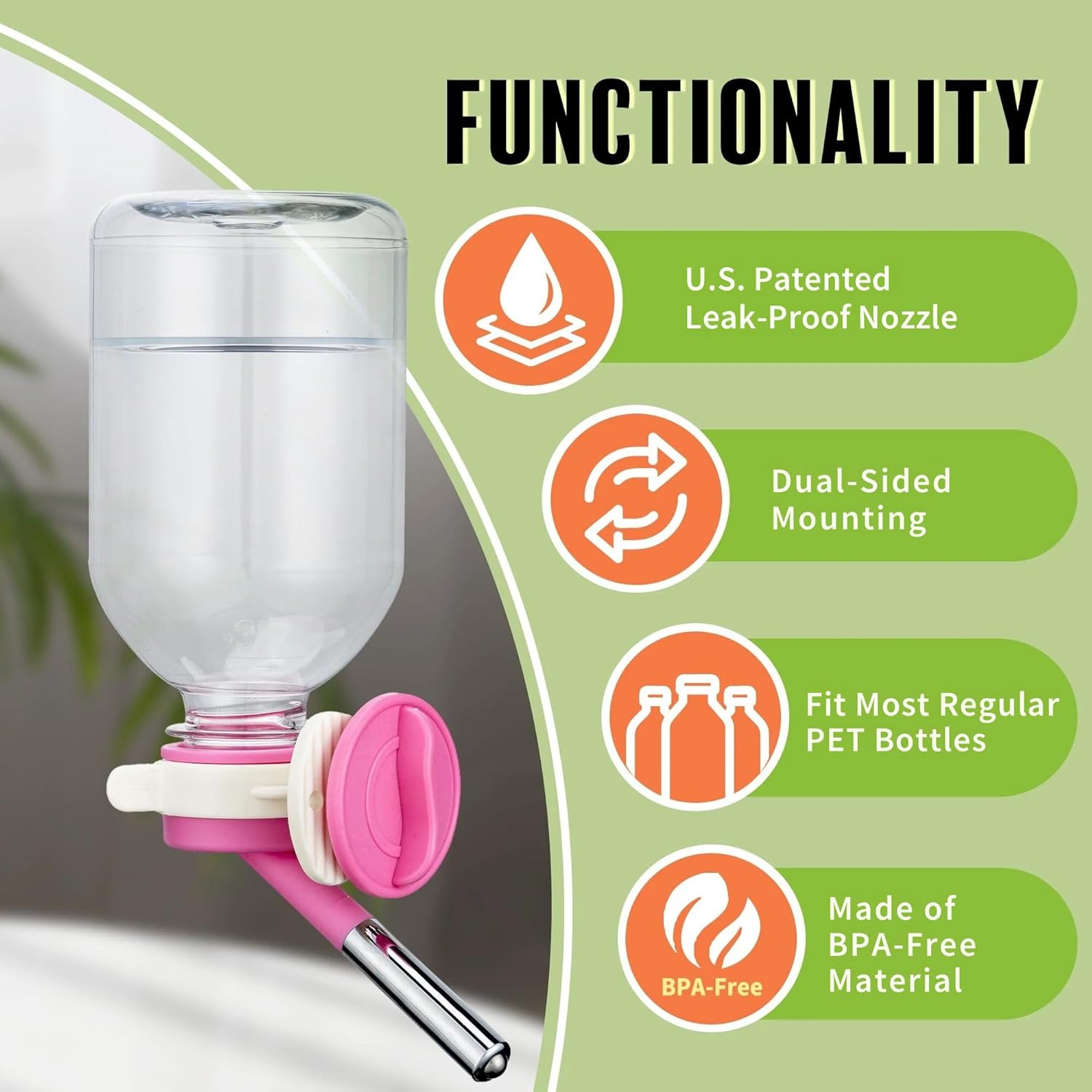 Choco Nose Patented No-Drip Water Bottle/Feeder for Guinea Pigs/Hamsters/Bunnies/Ferrets/Other Small Pets, Critters and Animals -for Cages, Crates or Wall Mount. 10.2 oz. Nozzle 10mm, Pink (C128) - Image 2