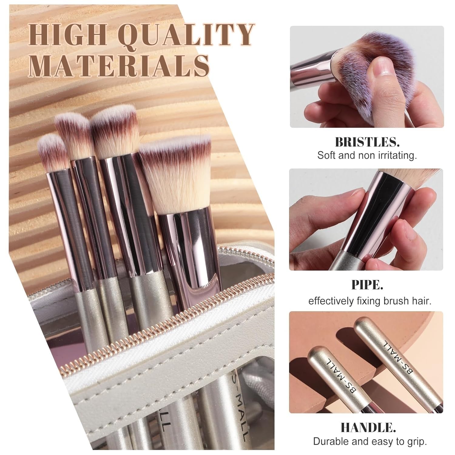 Travel Makeup Brush Set BS-MALL 14 Pcs with 1 Pcs Makeup Sponge – Essential Foundation Powder Concealers, Eye Shadows, Blush Makeup Brushes with Travel Makeup Case (Champagne) - Image 3