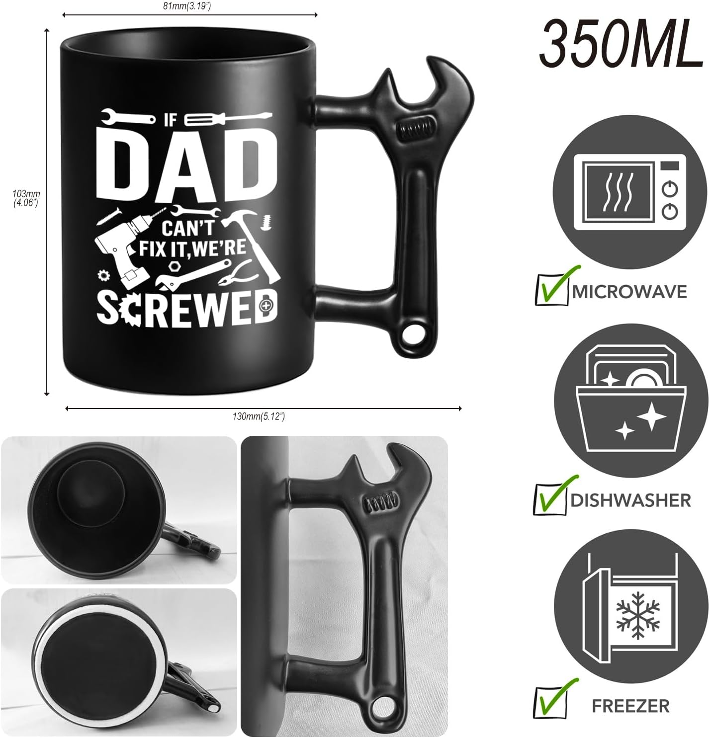 LOZACHE Funny Coffee Mug with Wrench Handle for Men, Novelty Fathers Day DadChristmas Gifts for Grandpa Uncle Husband Brother Mechanic (Black, Dad Screwd) - Image 9